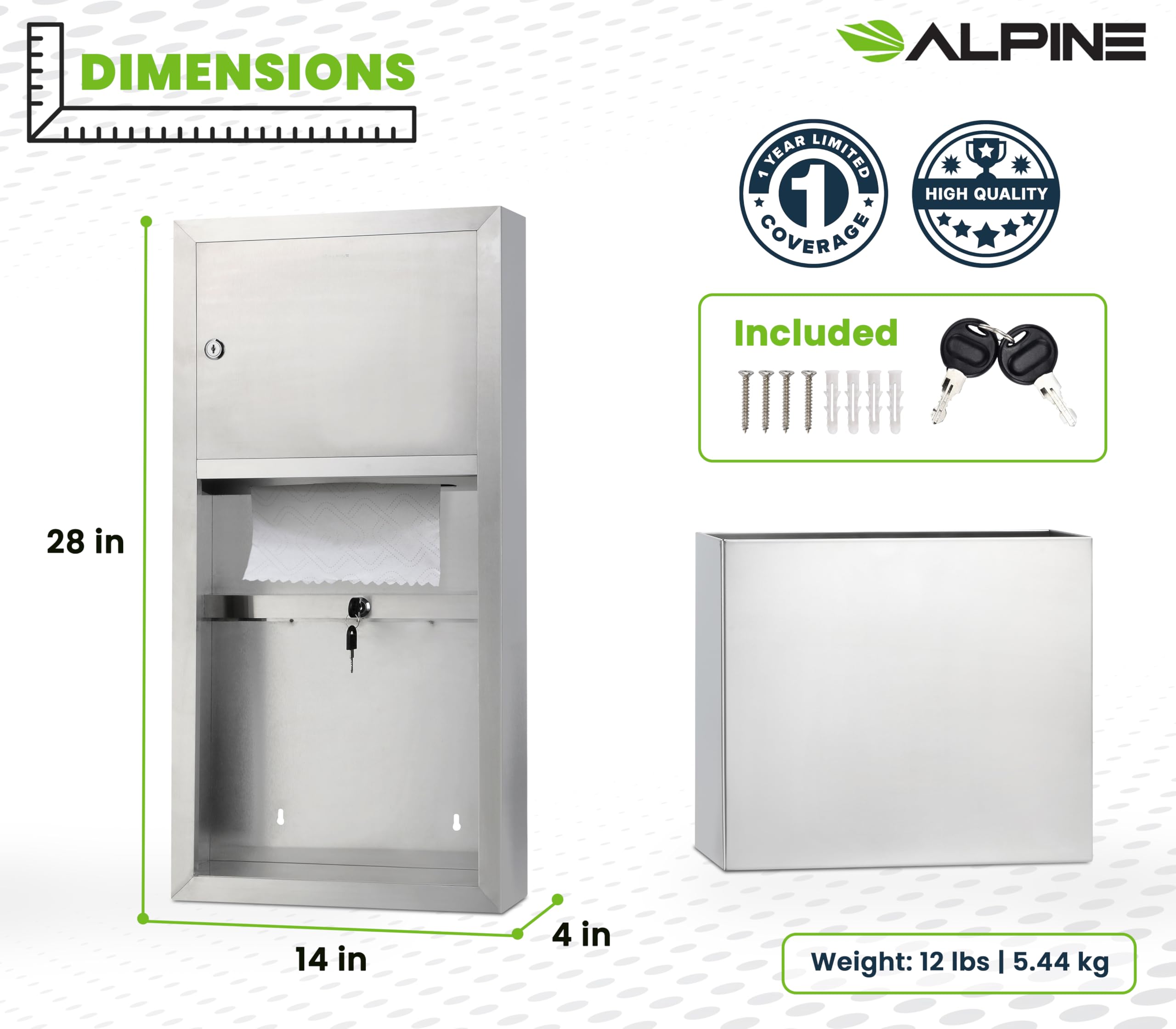 Stainless Steel Wall Mounted Commercial Paper Towel Dispenser with 2 Gallon Trash Can - Compatible with C Fold, Multifold & Tri Fold Towels - Brushed Finish & Lockable Design for Restaurants, Offices & Public Restrooms