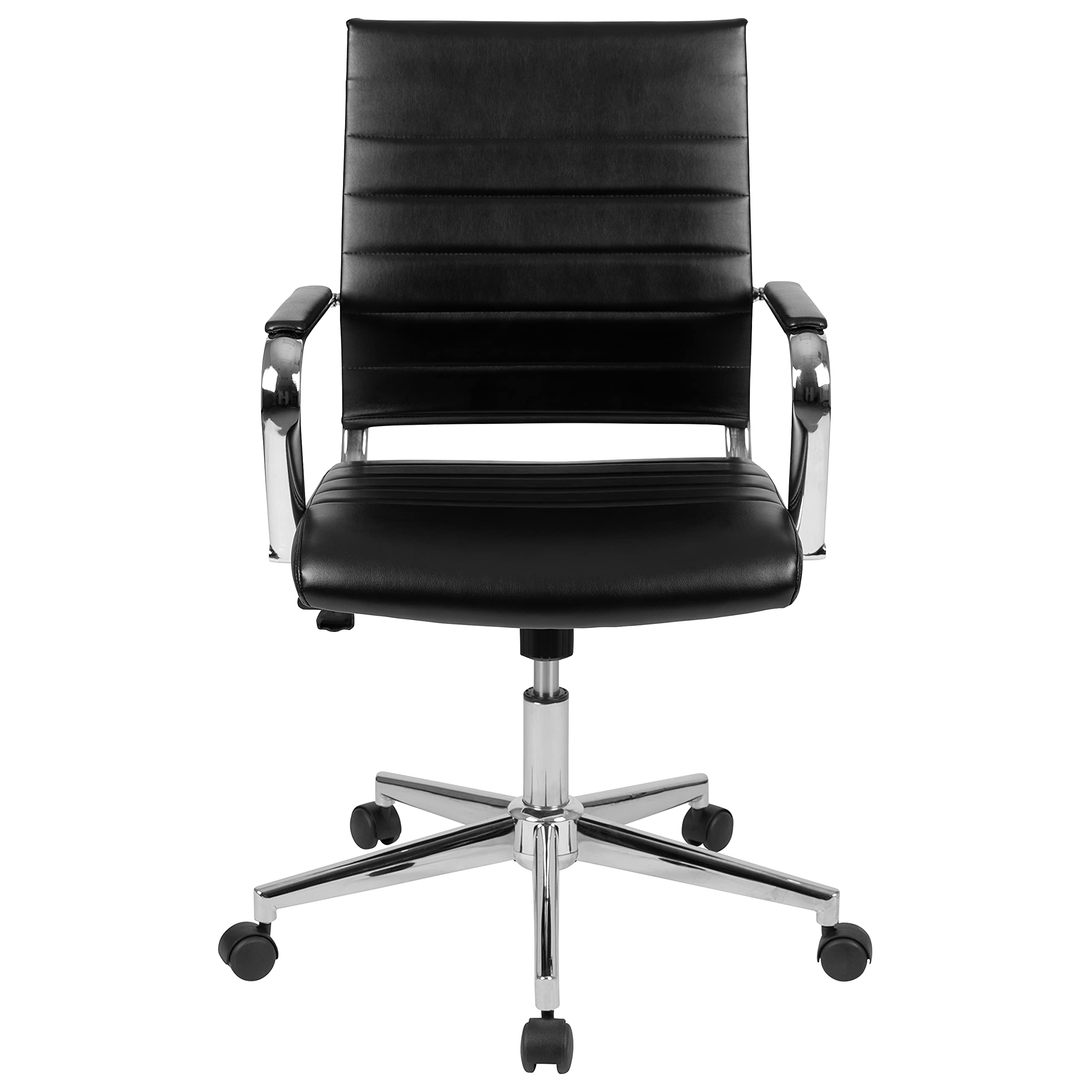 Premium Mid-Back Black LeatherSoft Executive Office Chair with Ribbed Design & 360° Swivel - Ergonomic Desk Chair for Home Office, Conference Room & Workspace