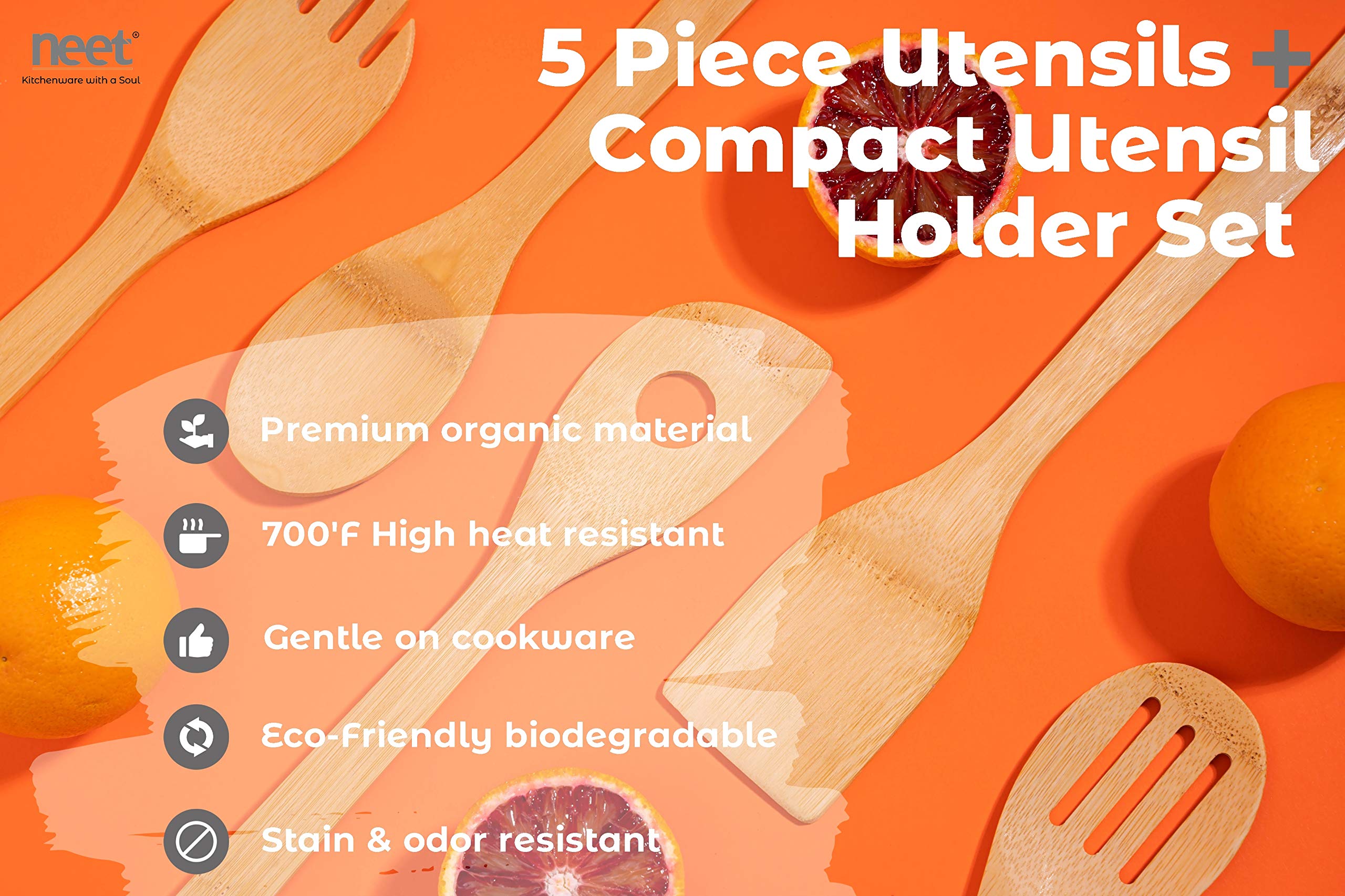 **6-Piece Organic Bamboo Cooking Utensil Set - Wooden Spoons & Spatula for Nonstick Cookware, High Heat Stirring - Includes Holder - Perfect for Everyday Use & Gifts (Ideal for Sauteing, Baking & Serving)**