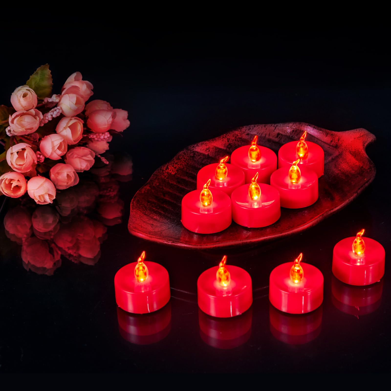 24 PCS Red Flickering Flame LED Tea Lights - Battery Operated Flameless Candles for Halloween, Christmas, Weddings & Home Decor - Safe Realistic Fake Candles with No Remote/Timer