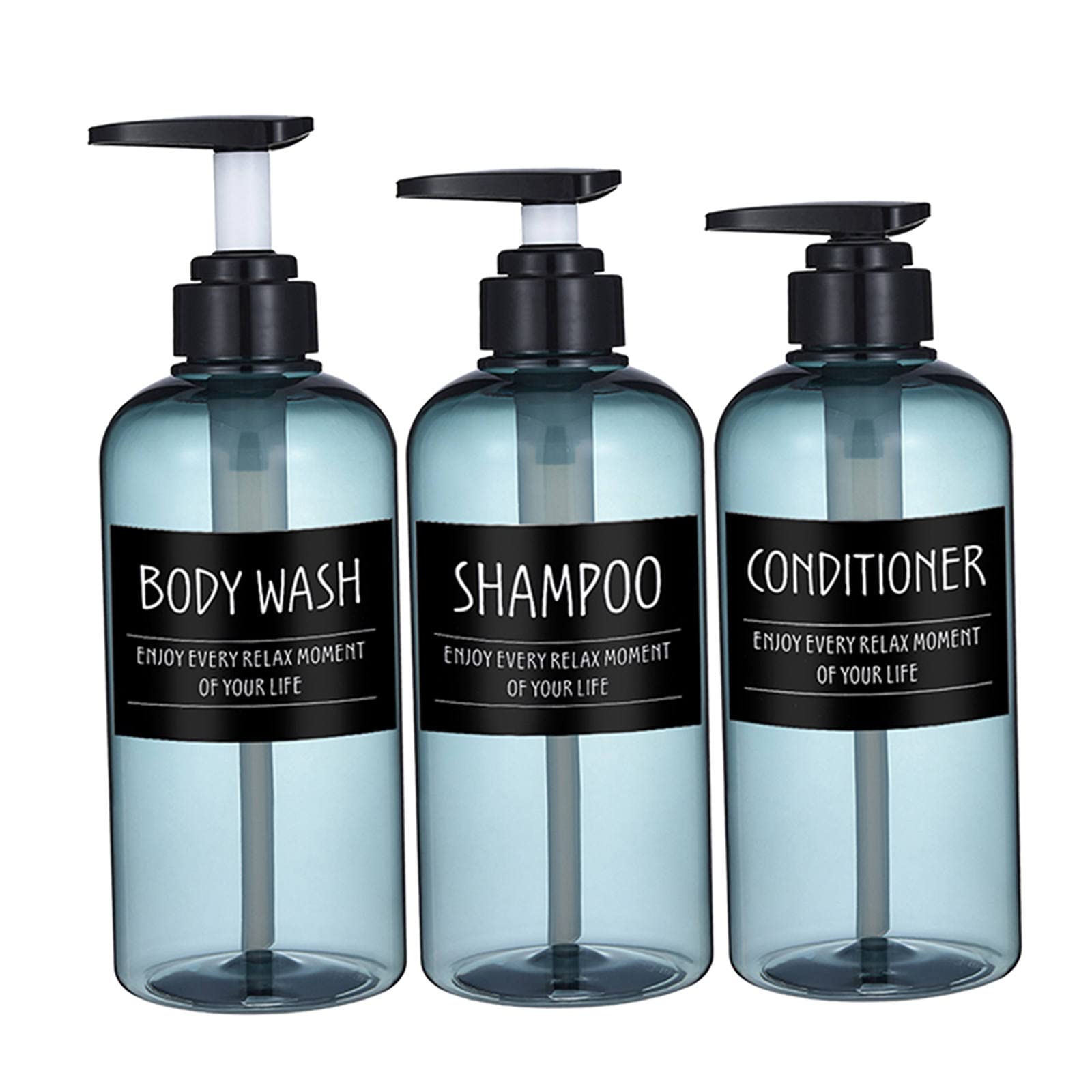 SM SunniMix 3-Pack 300ml/500ml Refillable Plastic Pump Bottles - Empty Shampoo, Soap & Body Wash Dispenser with Labels (Blue-Black) - Perfect for Travel, Gym & Home Bathroom Organization