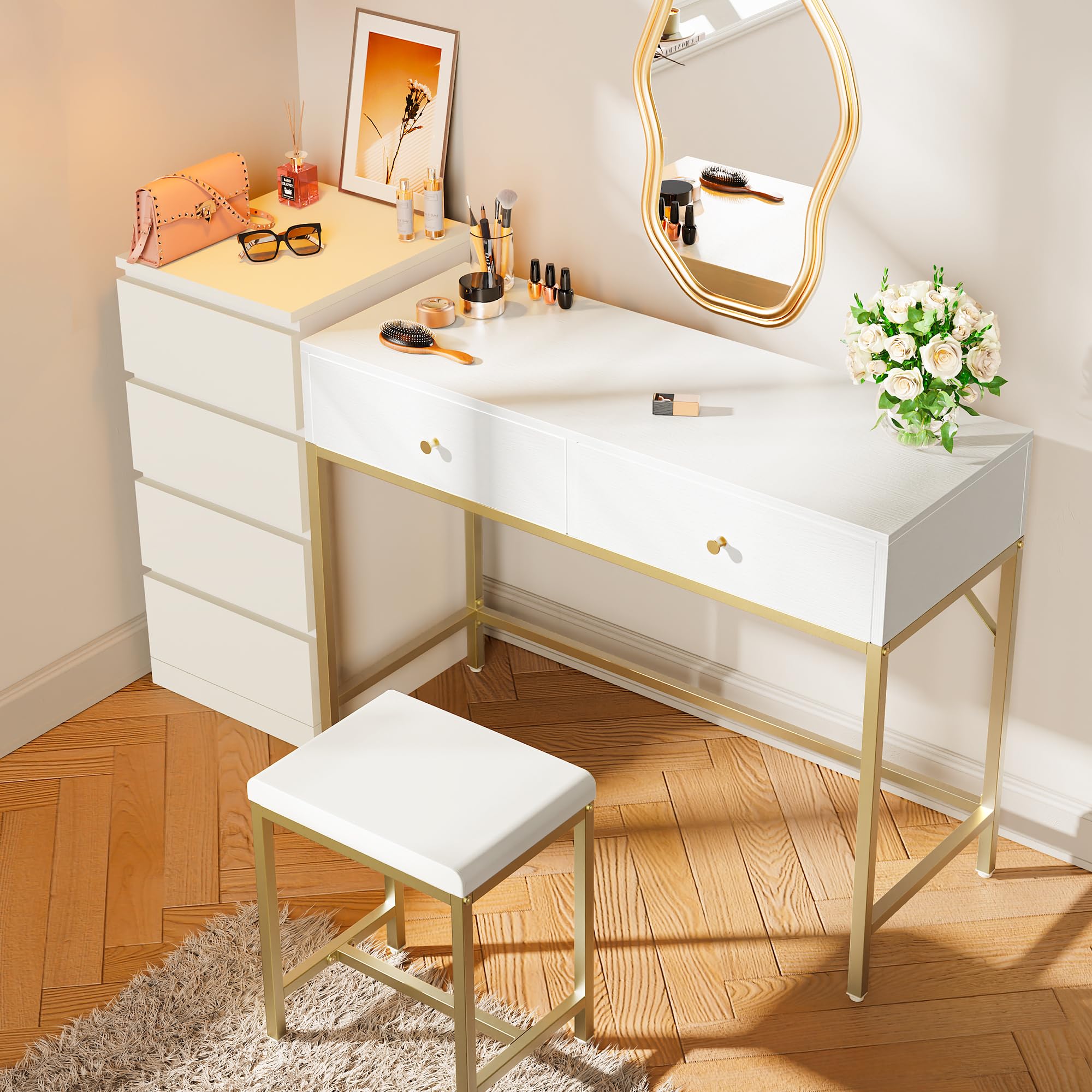 SUPERJARE 43-inch White and Gold Vanity Desk with 2 Drawers & Padded Stool - Modern Makeup Dressing Table, Computer Desk with Storage, Home Office Writing Desk for Bedroom, Study & Small Spaces