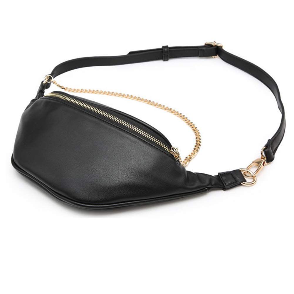 Women's Stylish Leather Waist Fanny Pack Crossbody Bag with Metallic Chain - Phone Purse for Everyday Use, Travel & Outdoor Activities (Black)