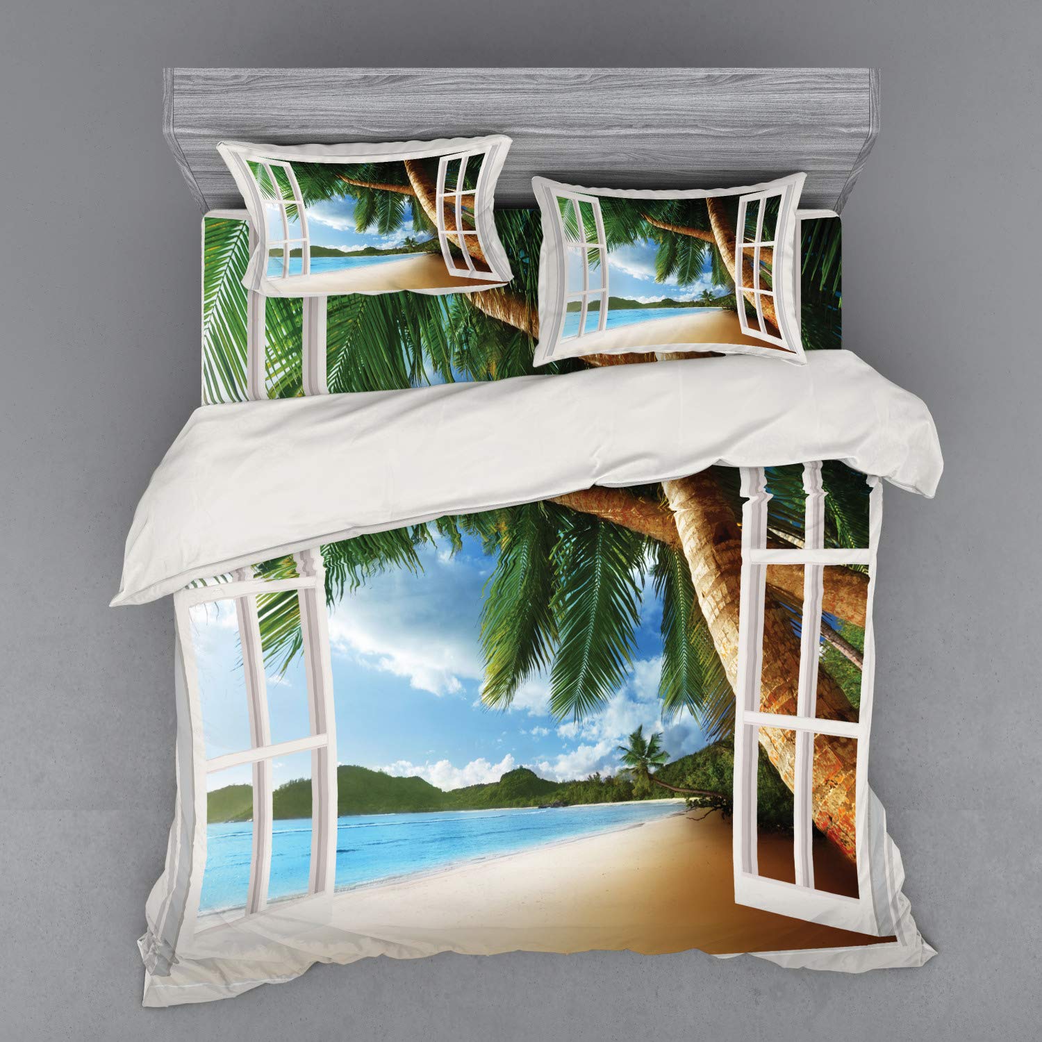 Ambesonne Nautical Beach Bedding Set - King Size 4-Piece Duvet Cover with Shams & Fitted Sheet - Palm Trees Ocean View Design in Green Ivory Blue - Coastal Themed Bedroom Decor for Beach House, Vacation Rental or Tropical Style Home