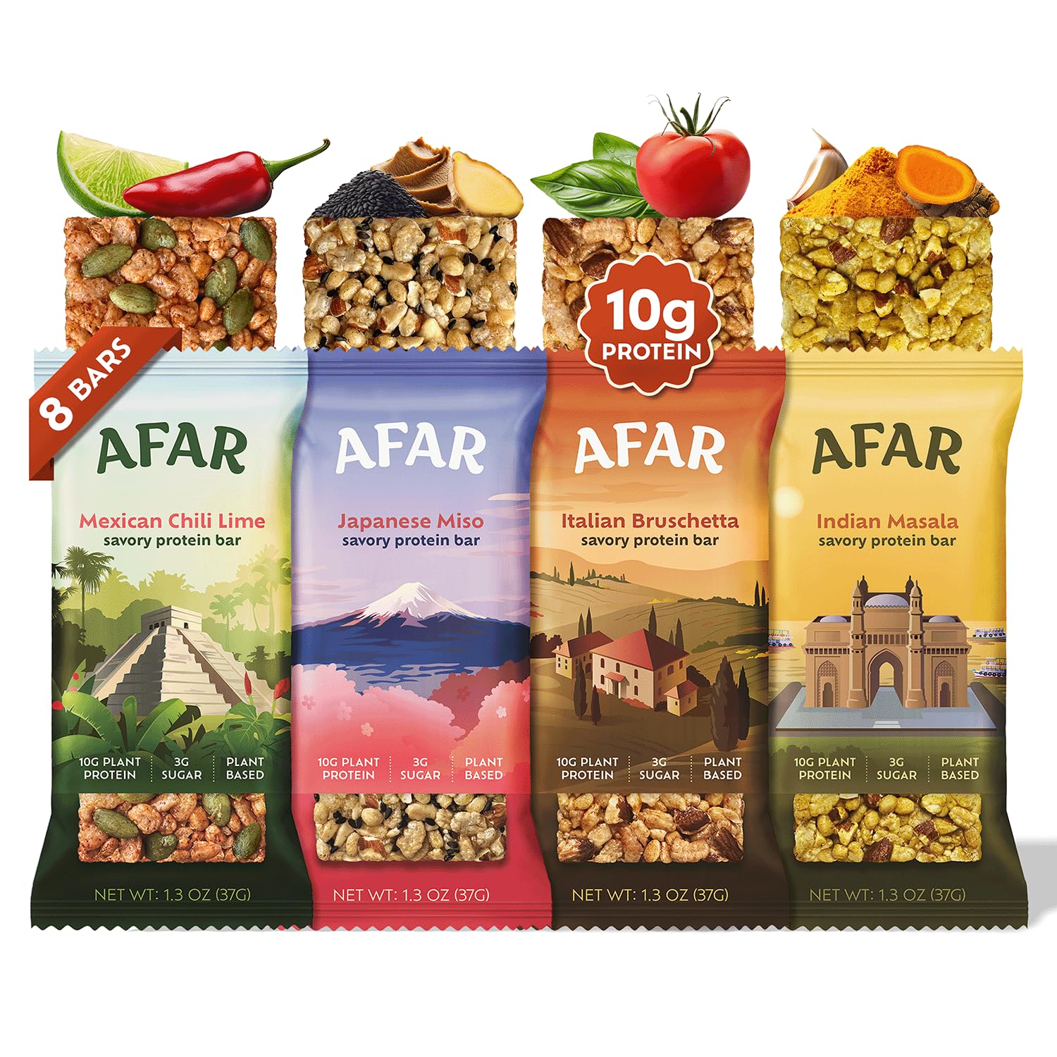 Afar Savory Protein Bars - Low Sugar High Protein Snacks for Adults - Vegan Gluten Free Meal Replacement Bar with Rice Crispy Texture (8 Bars, Variety Pack) - Perfect for Workouts, Hiking & On-the-Go Nutrition
