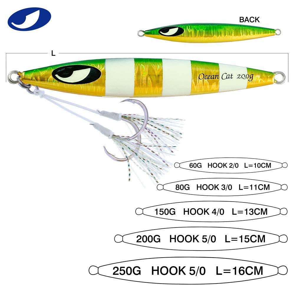 OCEAN CAT Lead Metal Flat Slow Fall Pitch Fishing Jigs Lures - Sinking Vertical Jigging Bait with Butterfly Hook for Saltwater Fishing - Perfect for Deep Sea, Offshore, and Pier Fishing