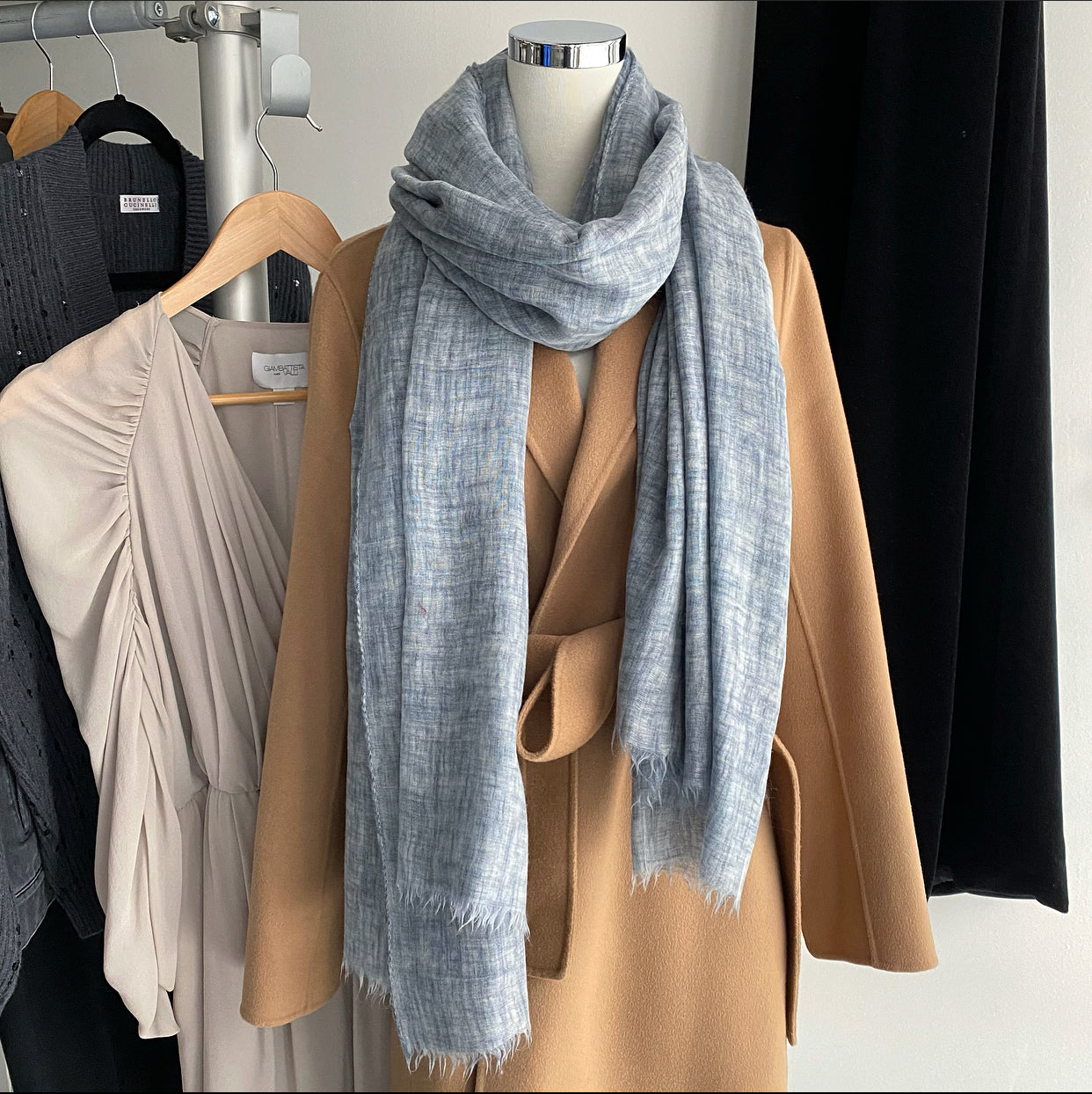 Brunello Cucinelli Blue Cashmere Silk Shawl Scarf - Luxurious Large Wrap for Women, Soft Cashmere Blend, Elegant Fashion Accessory for Winter, Fall, and Special Occasions