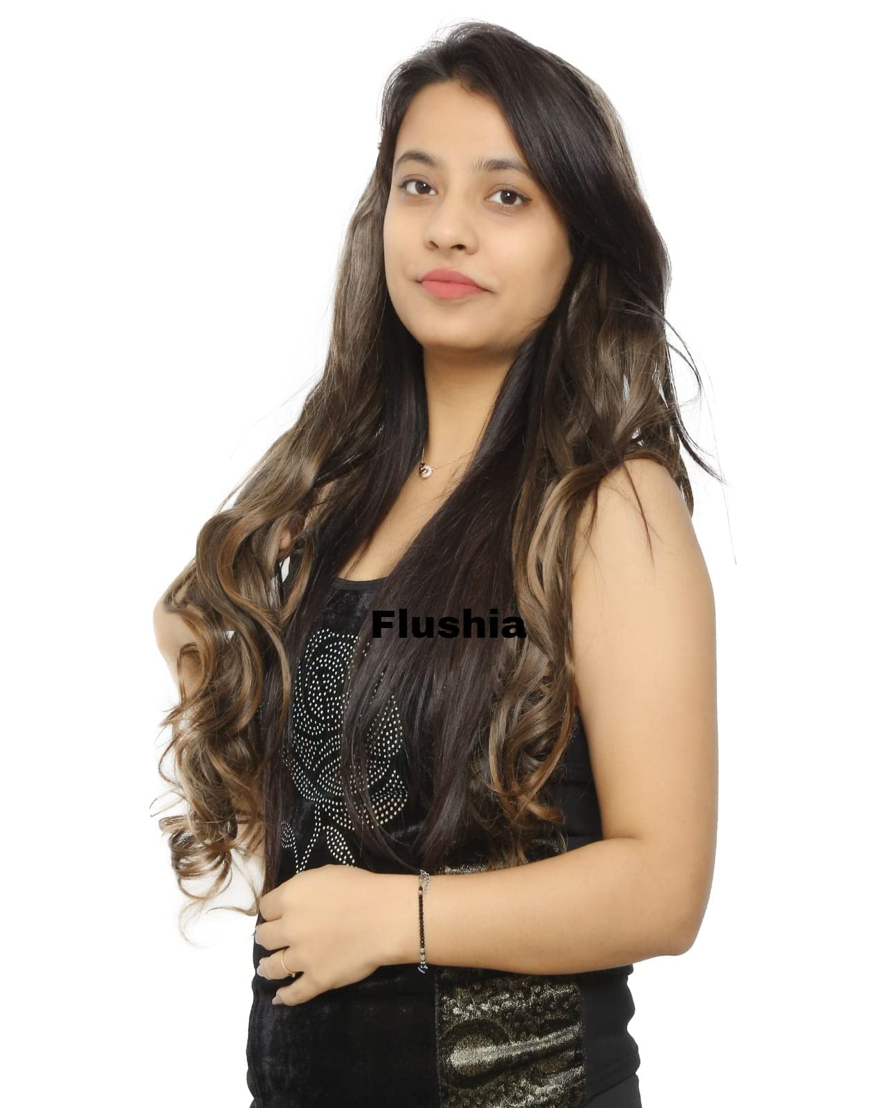 FLUSHIA 24-26 Inches Synthetic Hair Extensions & Wigs for Women - Dark Brown Straight & Curly Step Cut Clip-in Extensions with 5 Clips | Natural Looking No Shine Synthetic Hair for Daily Wear, Parties & Cosplay