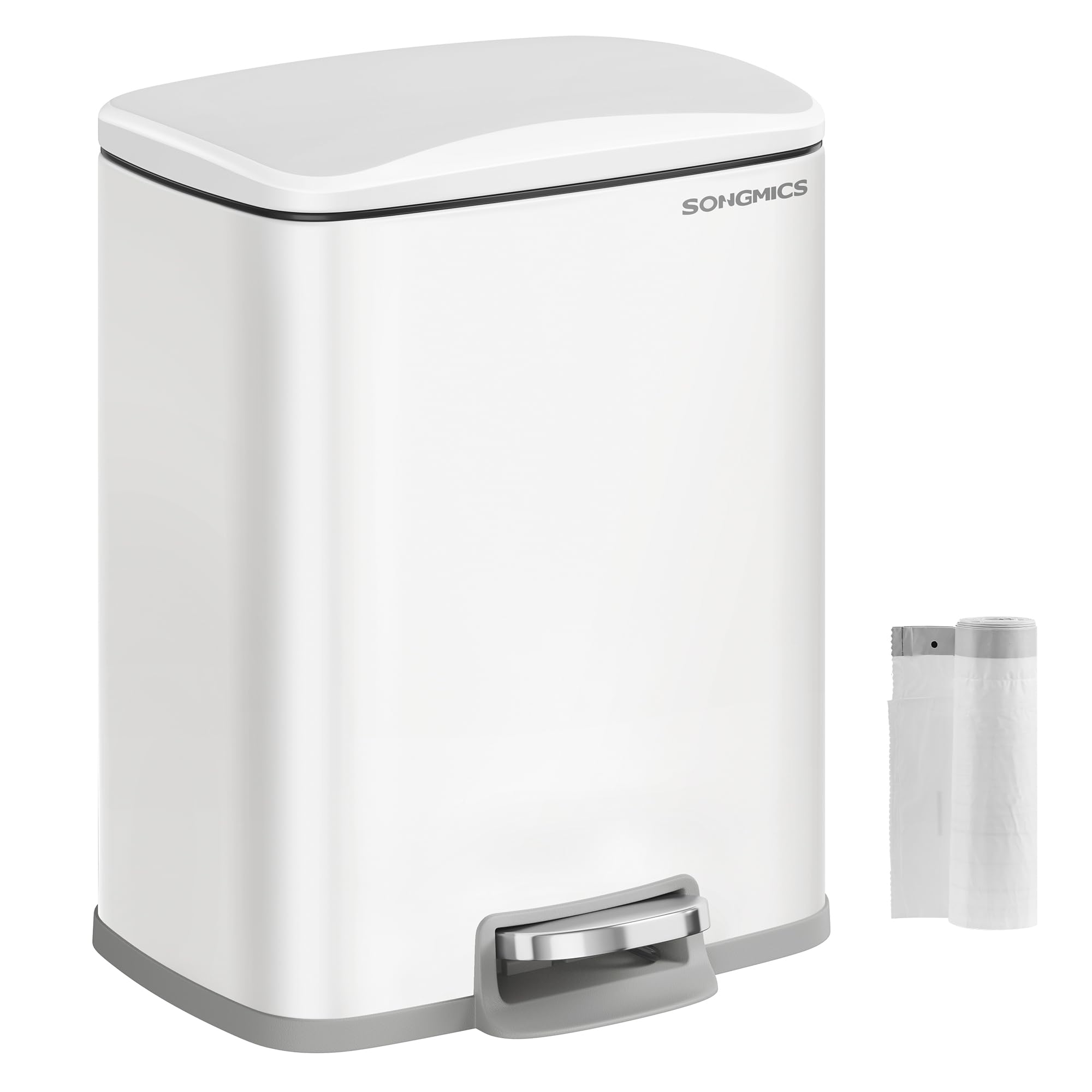 SONGMICS 5.2-Gallon Stainless Steel Step Trash Can with Lid - Soft Close, Stay Open Feature & Inner Bucket - Includes 15 Trash Bags - Perfect for Kitchen, Bathroom, Office or Garage Waste Disposal - White (ULTB543W01)