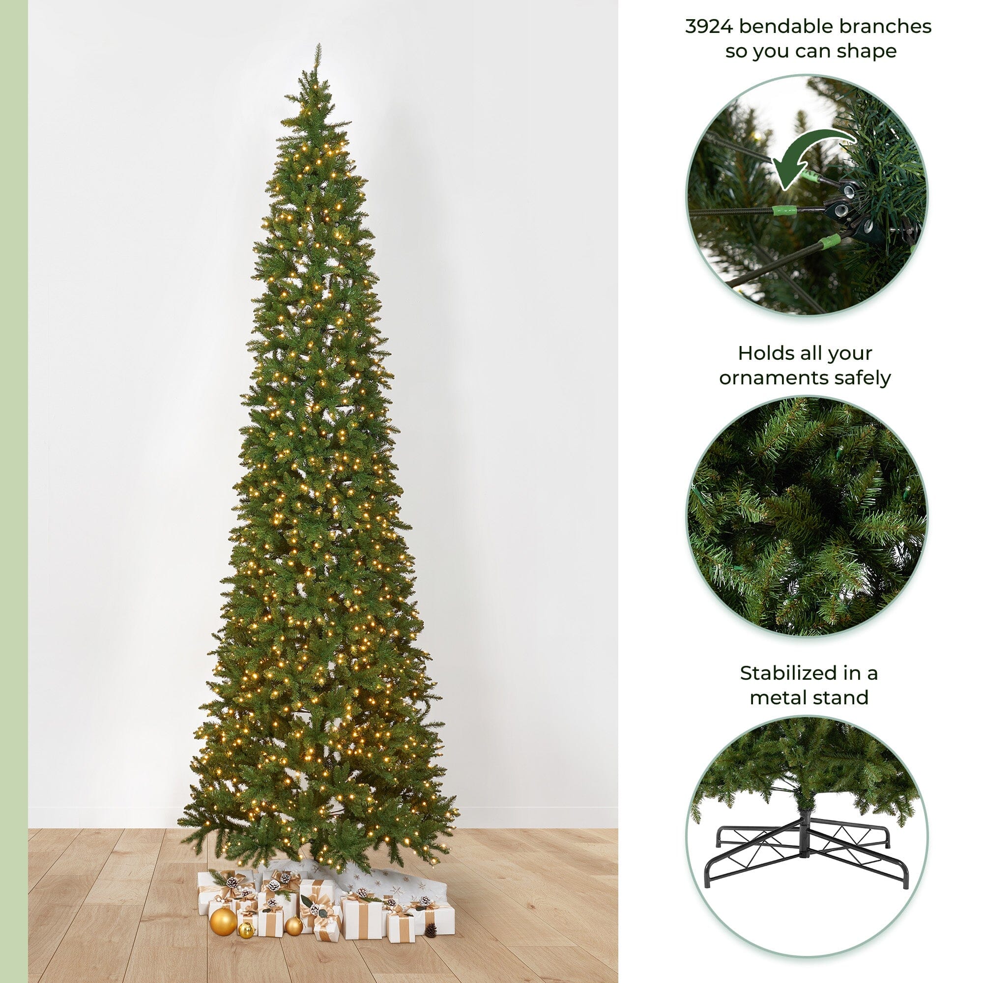 13ft Pre-Lit Artificial Slim Green Mountain Pine Christmas Tree with 1360 Warm White LED Lights & 3924 Bendable Branches - Perfect for Living Room, Office, and Holiday Decorations