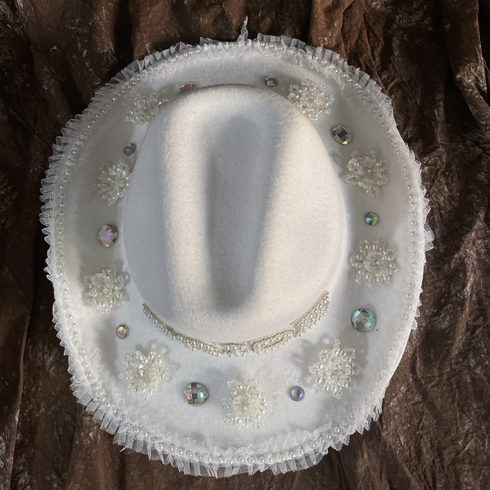 EBRICON White Cowboy Hat for Women - Rhinestone & Pearl Embellished Wool Western Cowgirl Hat with Wide Brim | Perfect for Weddings, Rodeos & Country Music Festivals