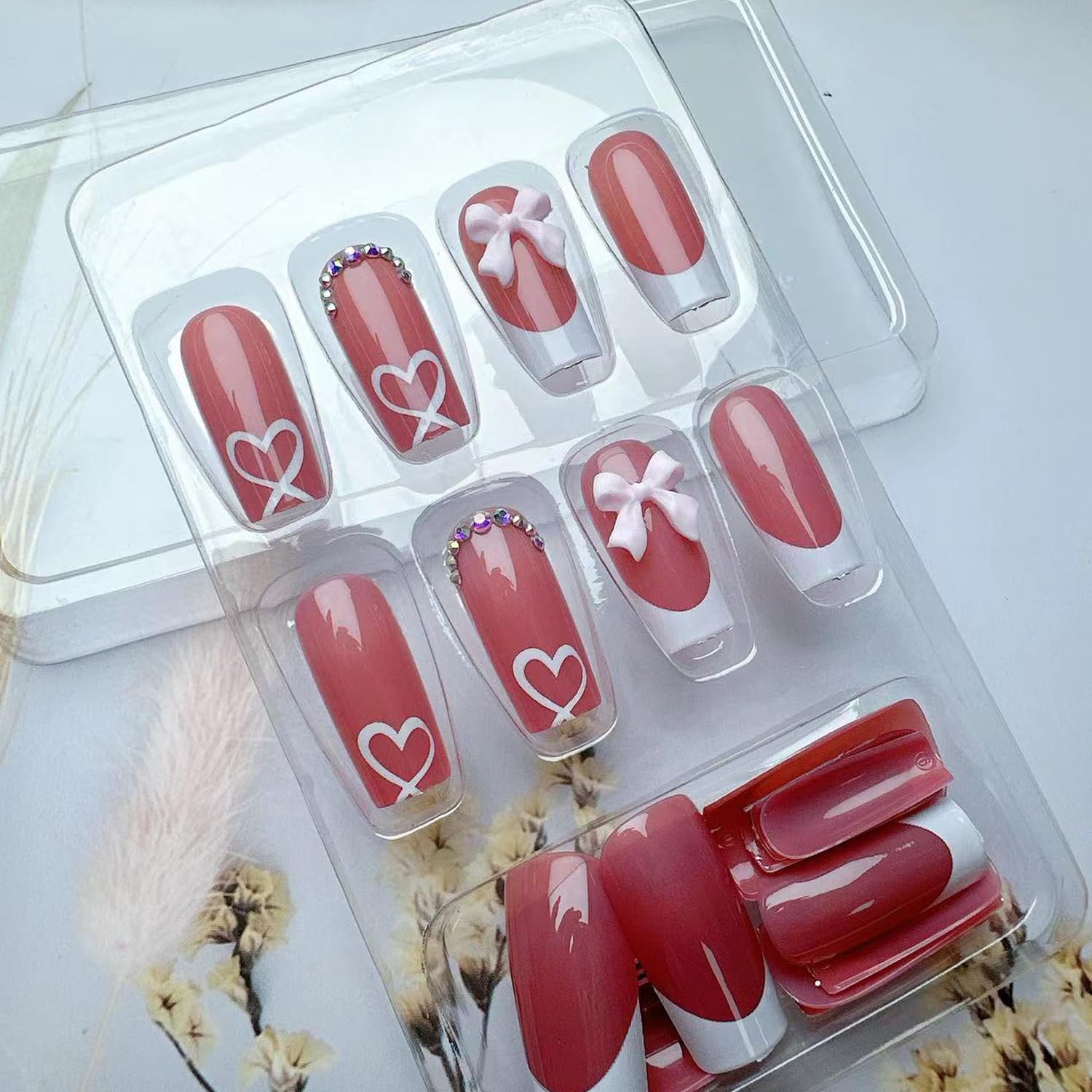French Tip Press on Nails with Charms - Medium Fake Nails White French Manicure | Cute Bow & Heart Rhinestone Designs | Long Square Acrylic Stick on Nails for Women | Perfect for Daily Wear, Parties & Special Occasions