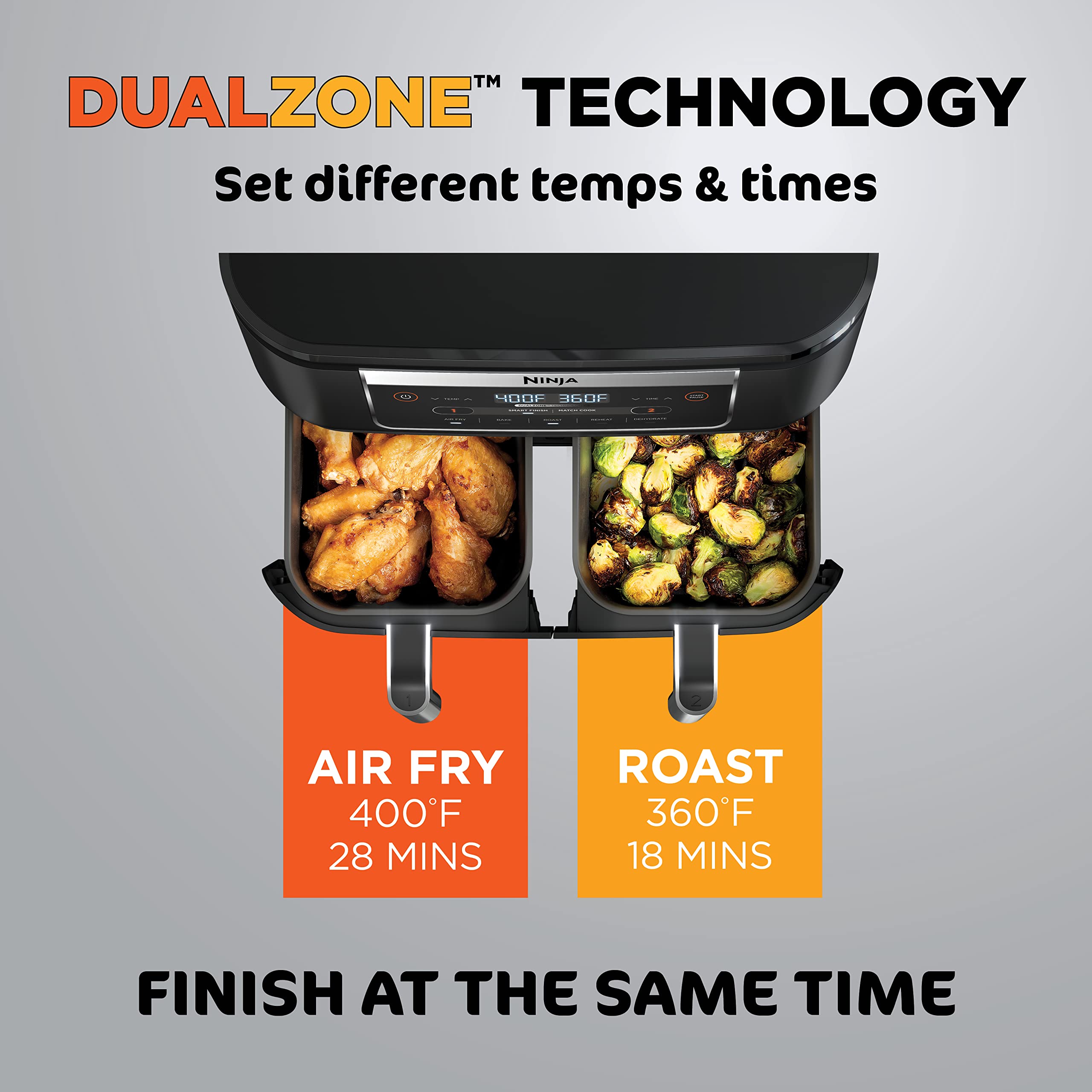 Ninja DZ090 Foodi 6 Quart 5-in-1 DualZone Air Fryer with 2 Independent Baskets - Smart Finish Technology for Roasting, Baking, Dehydrating - Perfect for Quick Snacks, Small Meals & Family Cooking - Black
