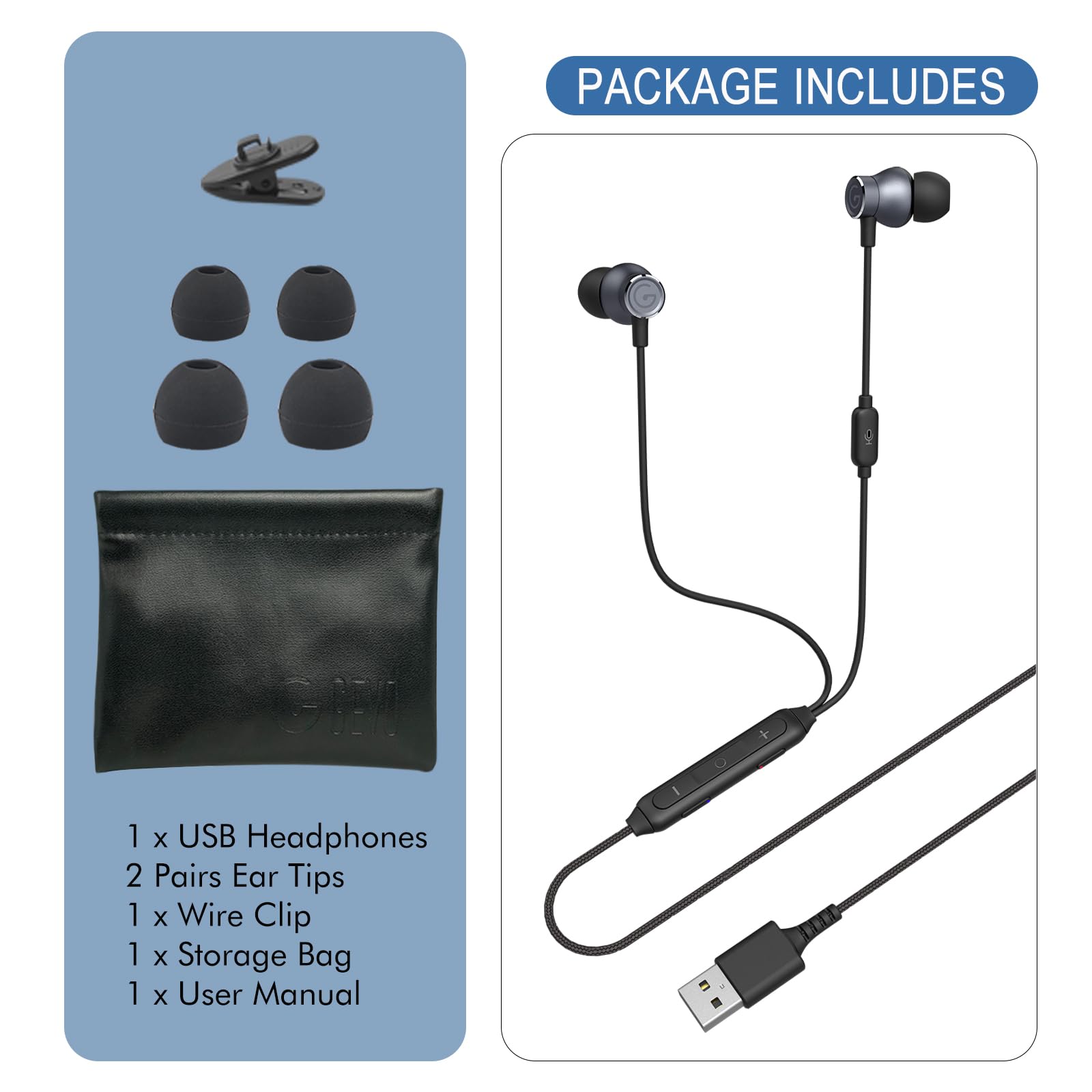 GEVO USB Wired Earbuds with Microphone - Noise Cancelling In-Ear Headphones for PC, Laptop (6.6FT Cable) - Volume Control & Mute Button - Perfect for Office Work, Live Streaming & Gaming Headsets