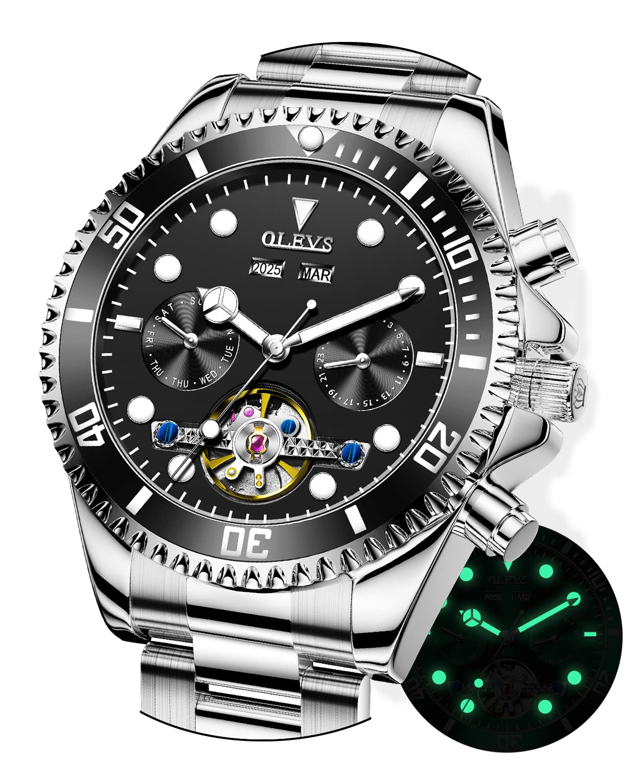 OLEVS Men's Automatic Mechanical Watch with Tourbillon & Skeleton Design - Self-Winding, Waterproof, Luminous Hands & Date Display - Perfect for Business, Formal Events & Luxury Gift Giving