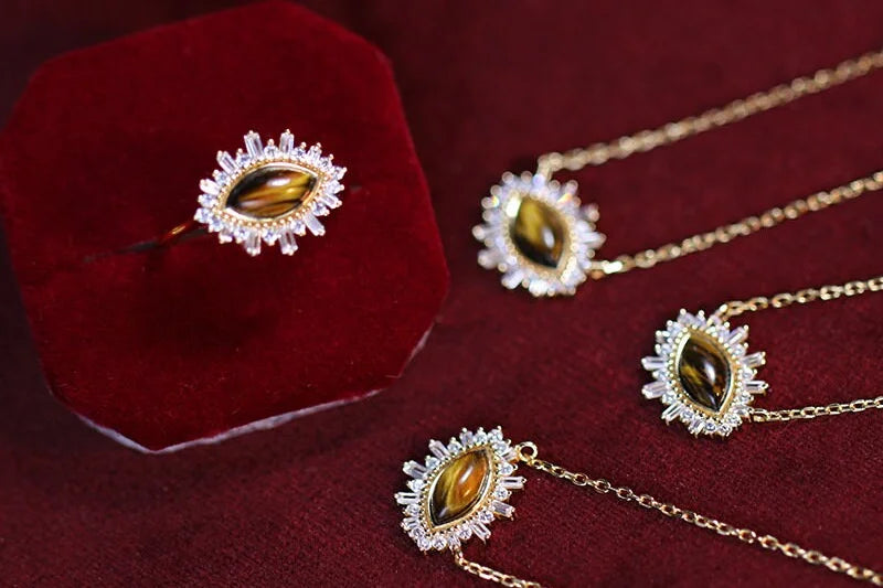 925 Silver 14K Gold Plated Natural Tiger Eye Crystal Ring & Necklace Set - Elegant Jewelry for Women | Perfect for Gifts, Parties & Special Occasions