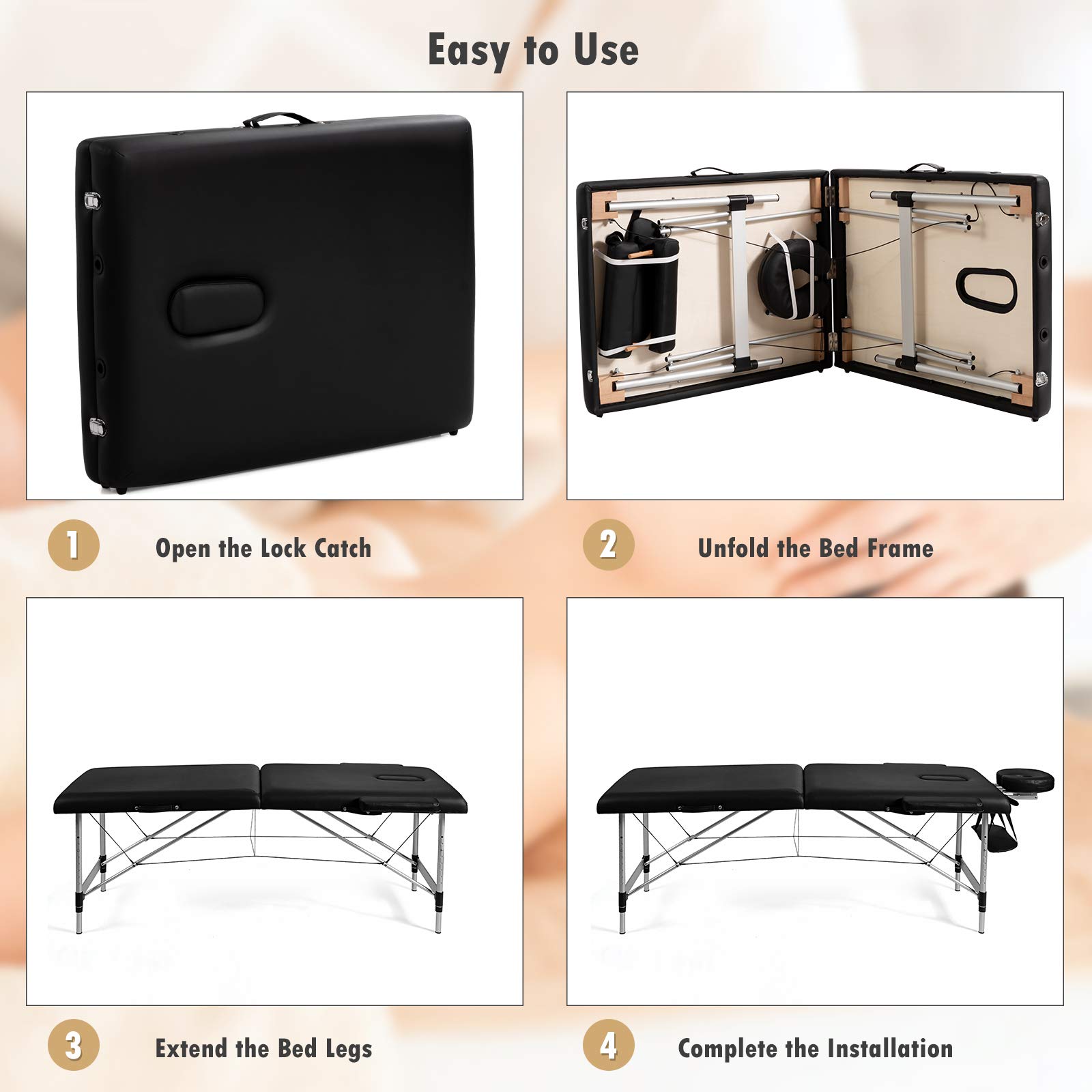 WELLHUT Portable Folding Massage Table - Adjustable Height Spa Bed with Armrests & Headrest for Salon, Lash Extensions, Tattoo & Therapy | Includes Face Cradle & Carrying Bag | Perfect Gift for Women & Professionals | Ideal for Home Use, Mobile Services & Spa Businesses (Black)