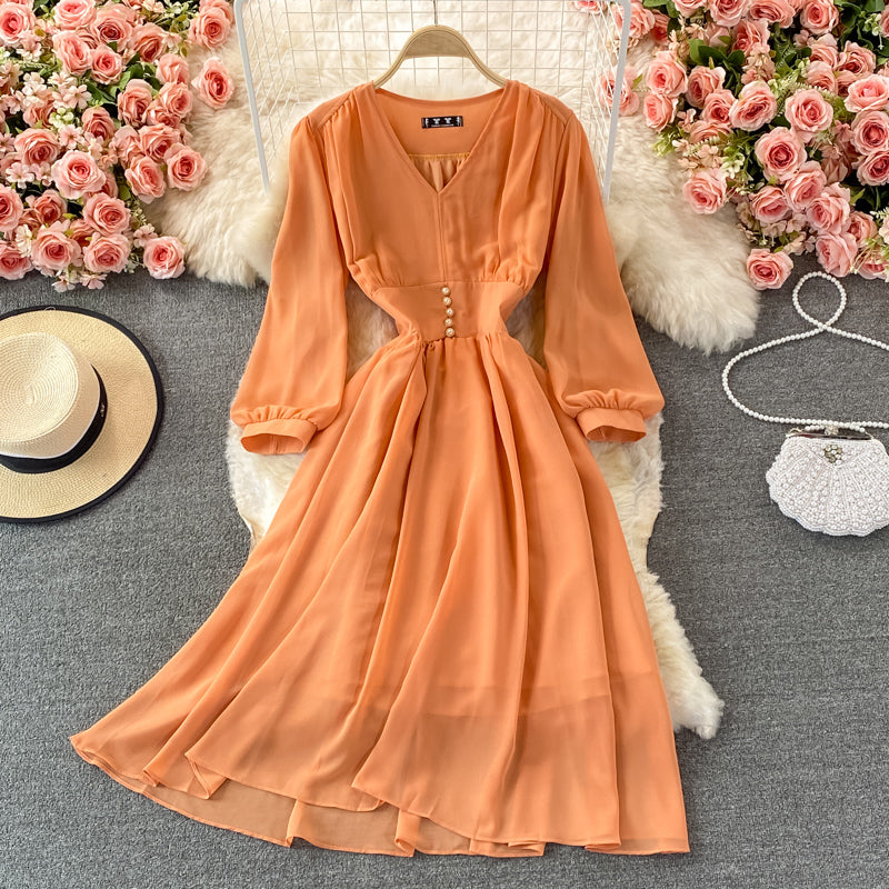 Vintage French Style Autumn Chiffon Dress with Puff Sleeves, High Waist & V-Neck - Elegant Retro Long Skirt for Fall Weddings, Date Nights and Office Wear