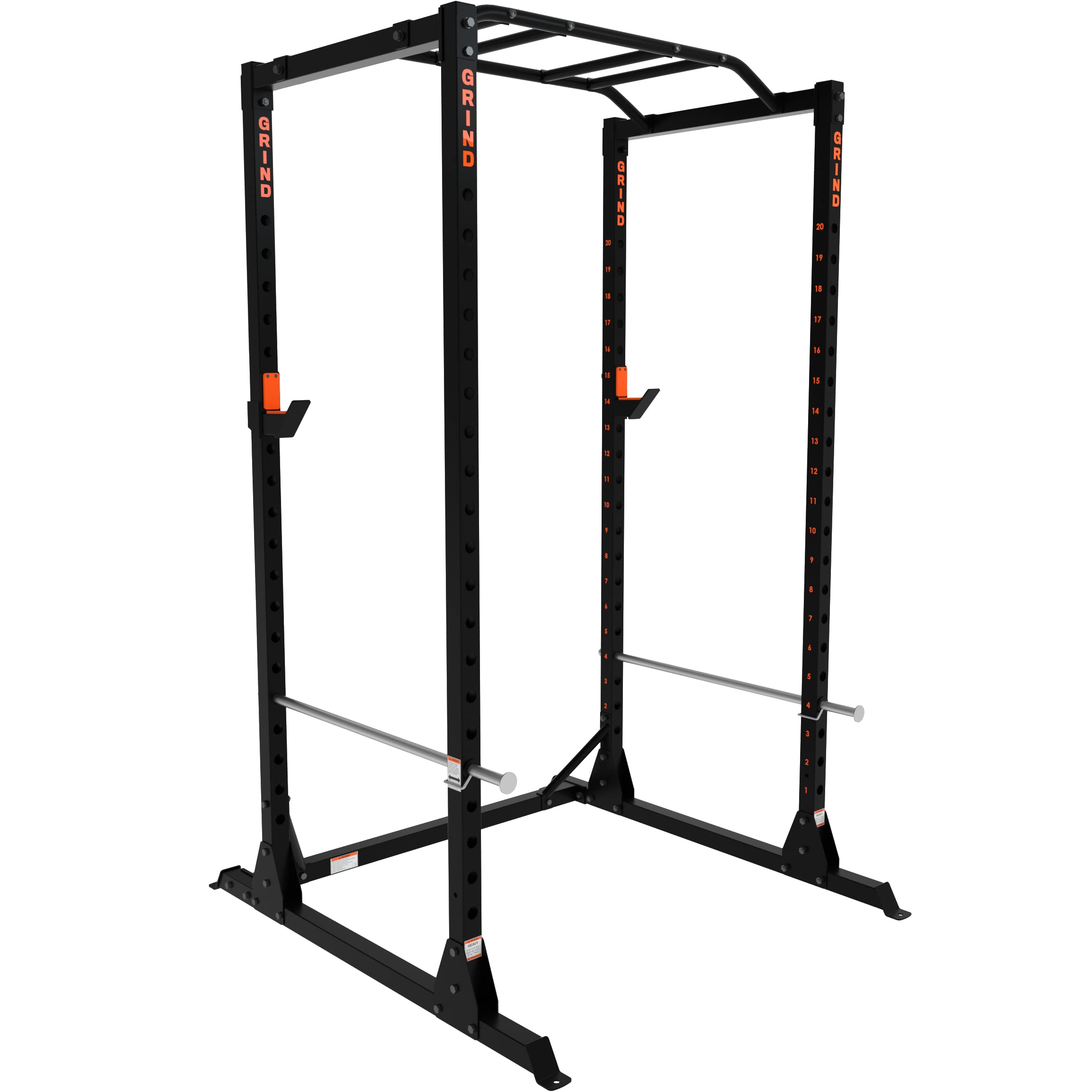 GRIND FITNESS Alpha3000 Power Rack - Heavy Duty Squat Rack with Rubber Protected J-Cups, Silver Spotter Arms & 2x2 Steel Uprights | Multi-Grip Pull Up Bar for Home Gym Strength Training | Perfect for Weightlifting, CrossFit & Powerlifting Workouts