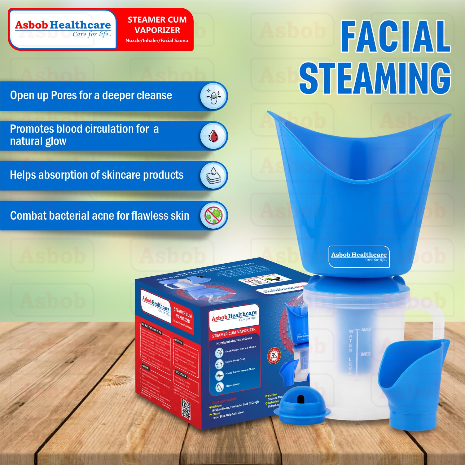 Asbob 3-in-1 Steamer for Cold & Cough Relief - Electric Vaporizer for Adults, Facial Steamer & Steam Inhaler - Portable Nebulizer for Home & Travel Use (Blue) - Perfect for Congestion Relief & Skincare Routine