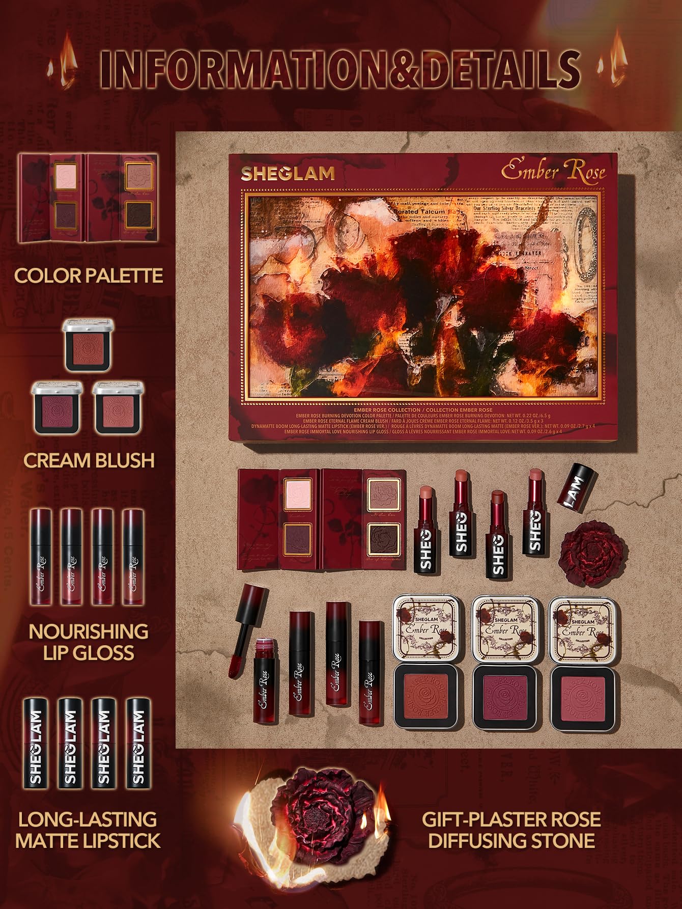 SHEGLAM Ember Rose Collection - Valentine's Day Gift Set with Pink Lip Gloss, Blush, Lipstick & Eyeshadow | Romantic Date Night Makeup Kit | Perfect for Valentine's Gifts, Bridal Makeup, and Special Occasions