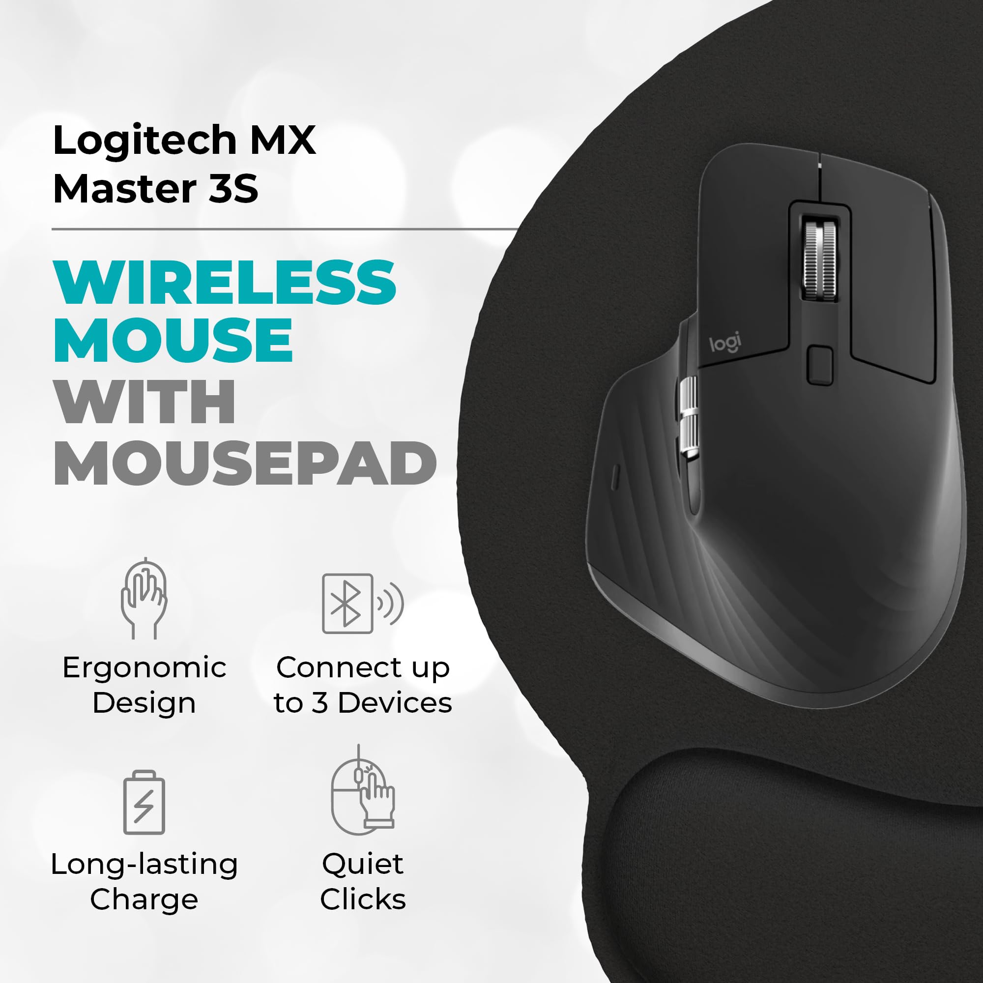 Logitech MX Master 3S Wireless Mouse with Black Mousepad & Microfiber Cloth - 8000 DPI Ergonomic Mouse for Mac/Windows/Chrome/Linux - Ultra-Fast Scrolling, Silent Clicks (Graphite) - Perfect for Office Work, Graphic Design & Gaming