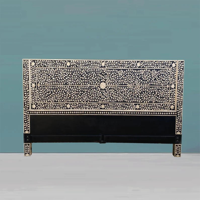 Handmade Bone Inlay Floral Design Black Headboard - Queen Size Bed Frame Headboard for Master Bedroom Decor