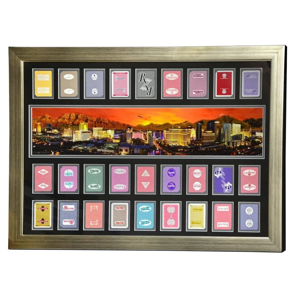 Authentic Las Vegas Hotels 27 Playing Cards Collage Framed Panoramic Photo #D/100 - Perfect for Casino Lovers, Game Room Decor & Collector's Item