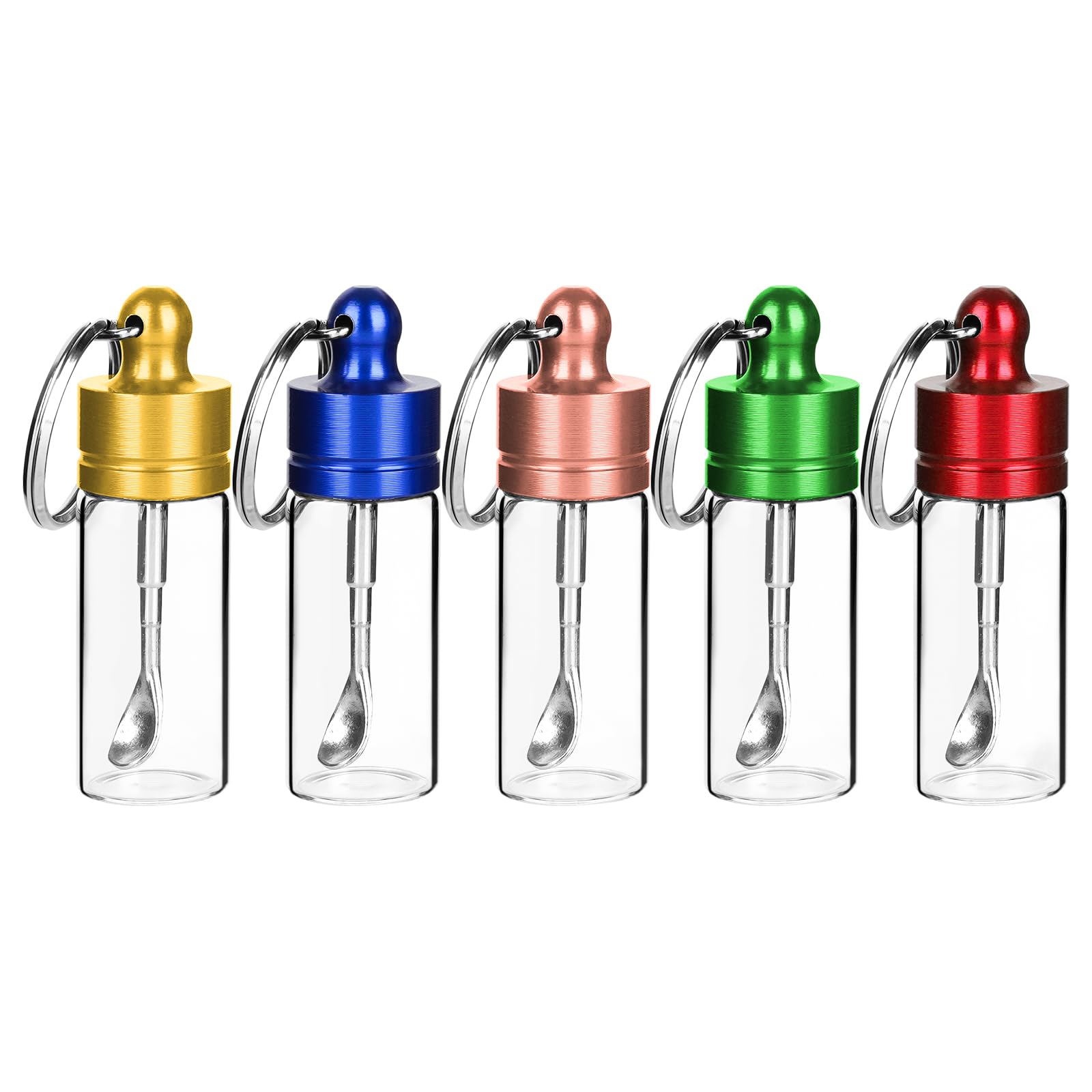 5 Mini Colored Glass Vials with Spoons - Waterproof Portable Storage Box for Essential Oils, Spices & Herbs - Perfect for Travel, DIY Crafts & Lab Use