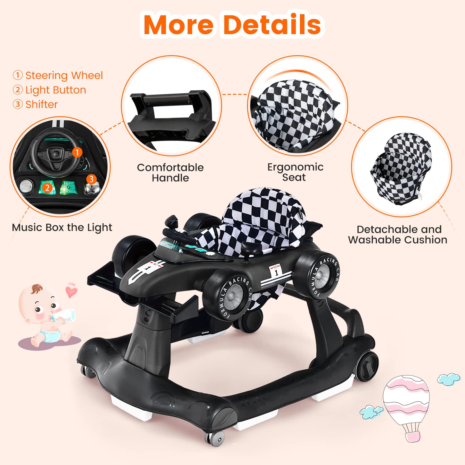 HONEY JOY 4-in-1 Baby Walker with Adjustable Height & Speed | Foldable Push Walker with Music, Lights & Padded Seat | Smooth Wheels for Boys & Girls 6+ Months (Black) | Perfect for Learning to Walk & Indoor Playtime