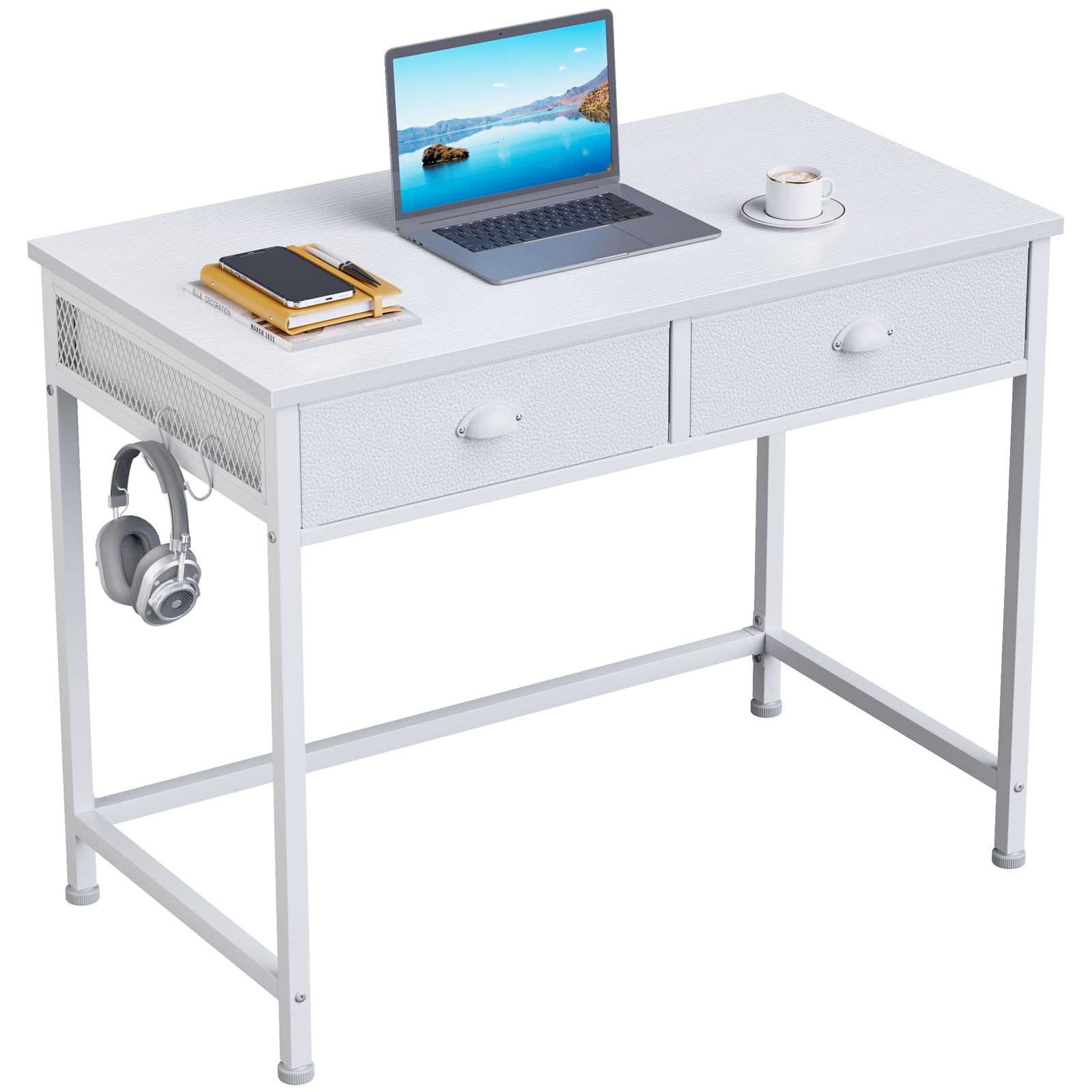 Furologee 36 Inch White Small Computer Desk with 2 Fabric Drawers - Simple Home Office Writing Desk, Vanity Desk with Hooks - Study Desk for Bedroom, Small Spaces - Perfect for Remote Work, Online Classes & Home Office Setup