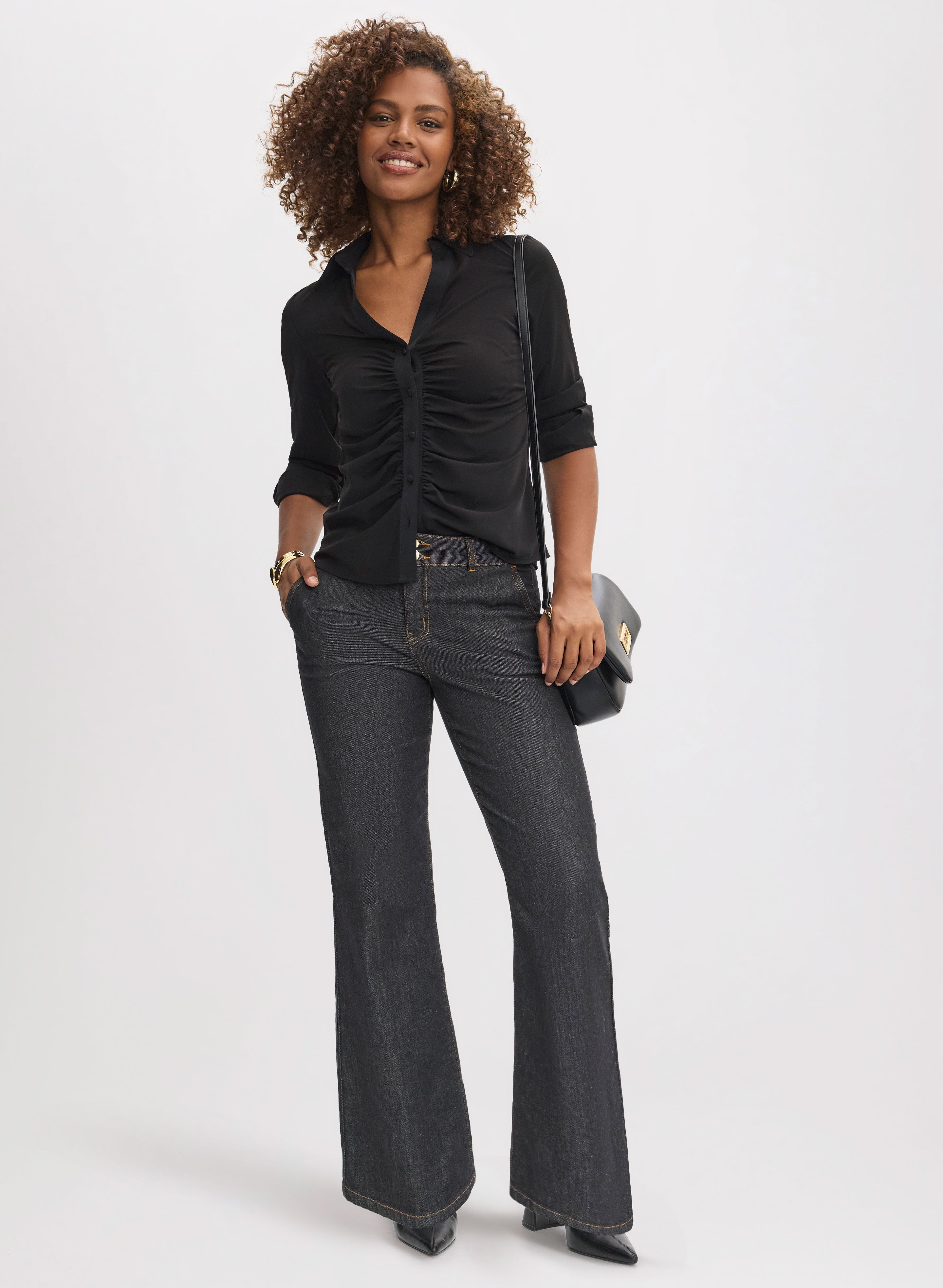 Women's Stylish Button Down Blouse & Flare Leg Jeans Set - Casual Office Wear & Date Night Outfit for Spring/Summer Fashion