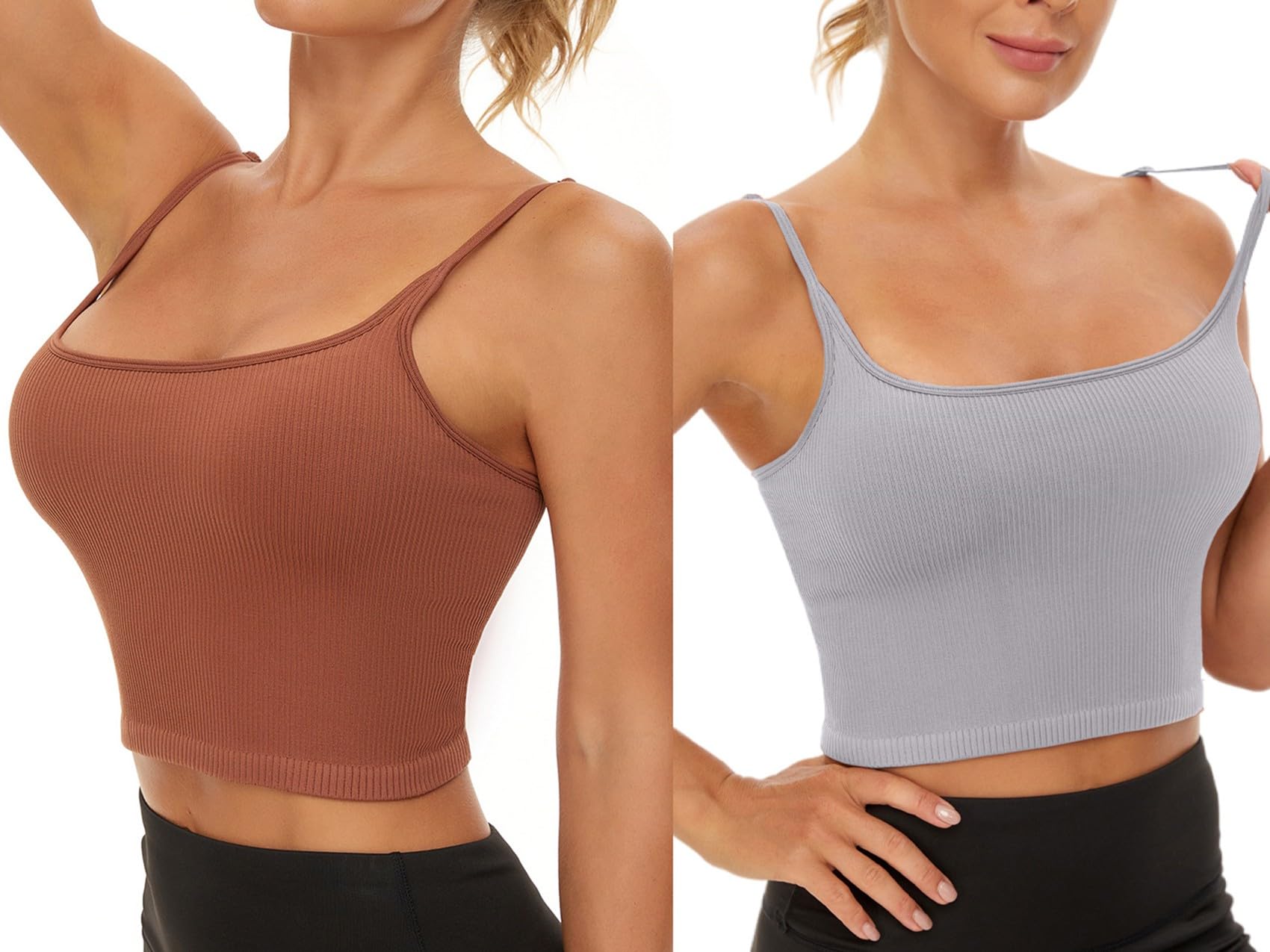 Chilylori Seamless Sports Bra & Cropped Tank Top for Women - Adjustable Straps, Ribbed Workout Tops (2 Pack) | Yoga, Gym, Running & Fitness Activities