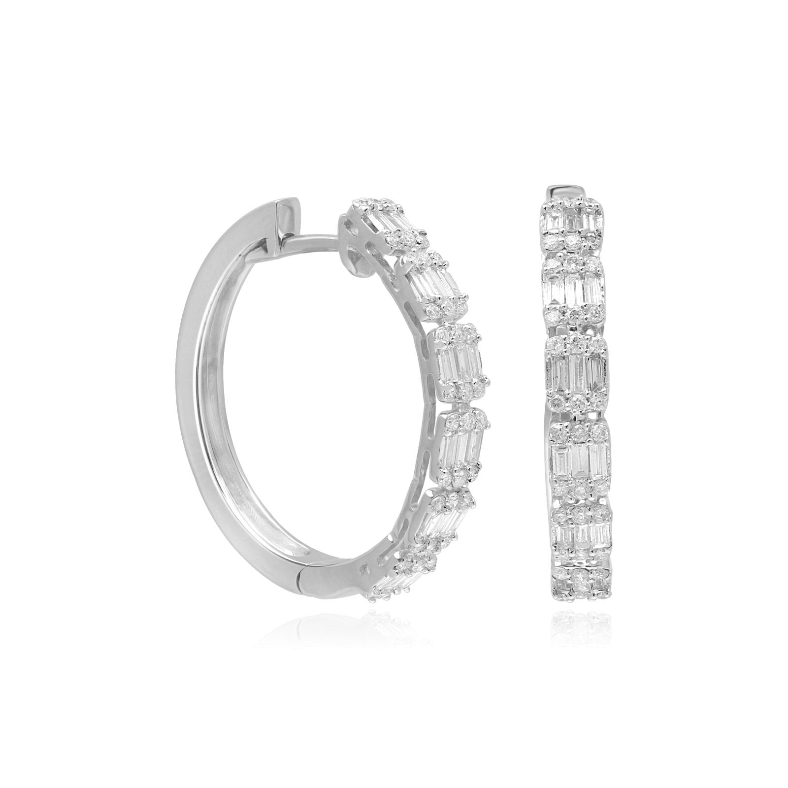 18K White Gold Baguette Diamond Hoop Earrings for Women - Elegant Everyday & Evening Wear Jewelry Gift