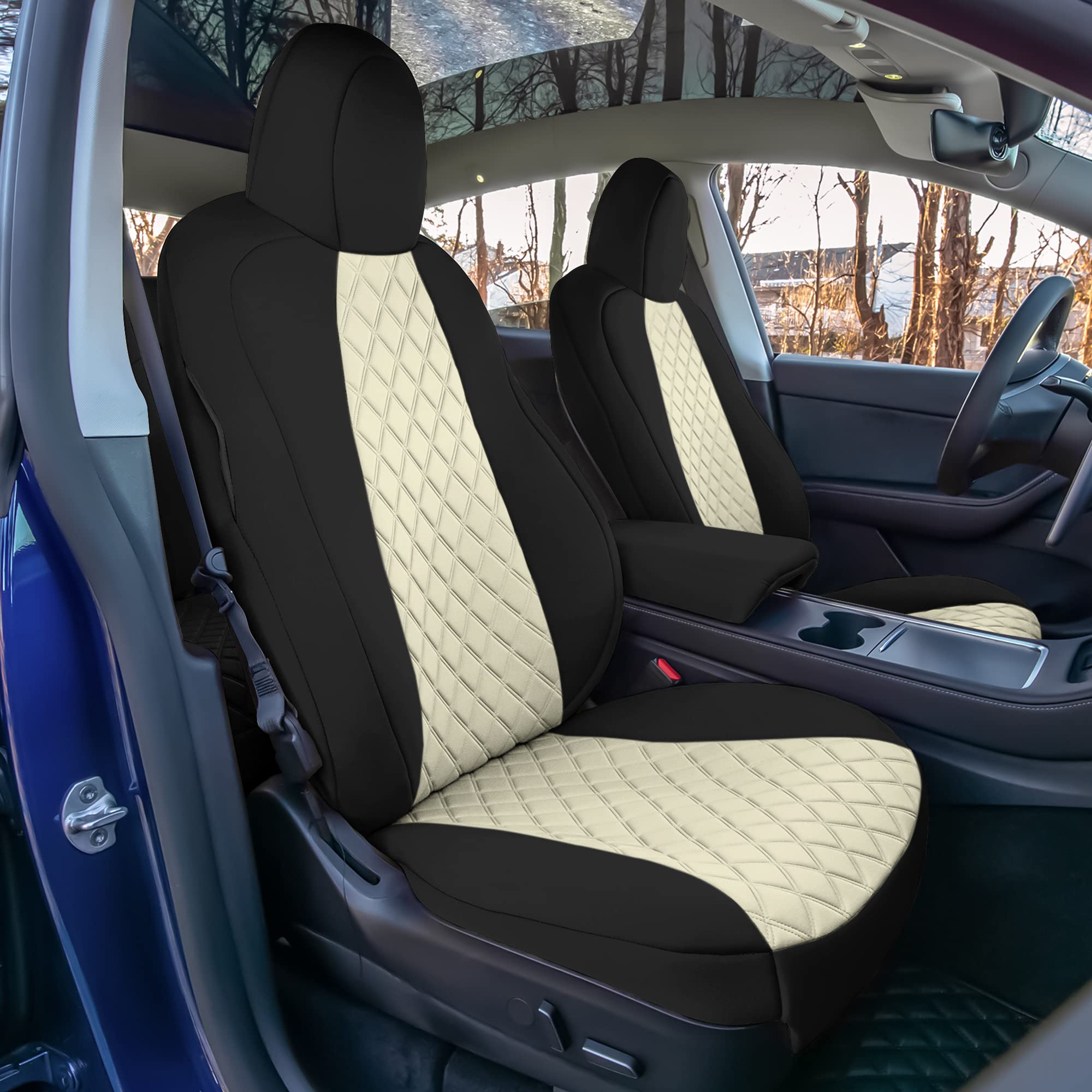 Premium Beige Neoprene Seat Covers for Tesla Model Y - Custom Fit, Waterproof & Non-Slip Protection for Cars, SUVs | Perfect for Daily Commute, Road Trips & Family Travel