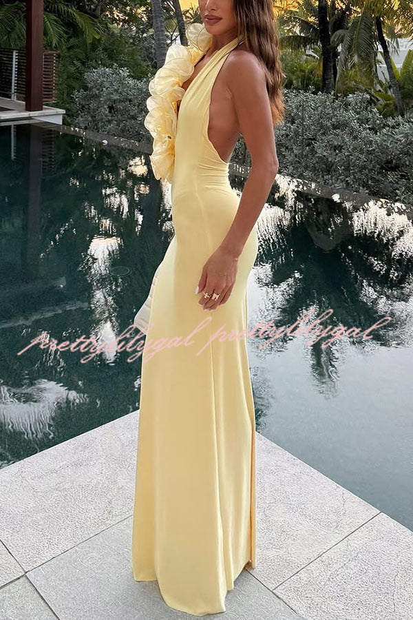 Vacay Mode Ruffles Trim Halter Backless Stretch Maxi Dress - Women's Summer Beach Dress for Vacation, Pool Party & Date Night