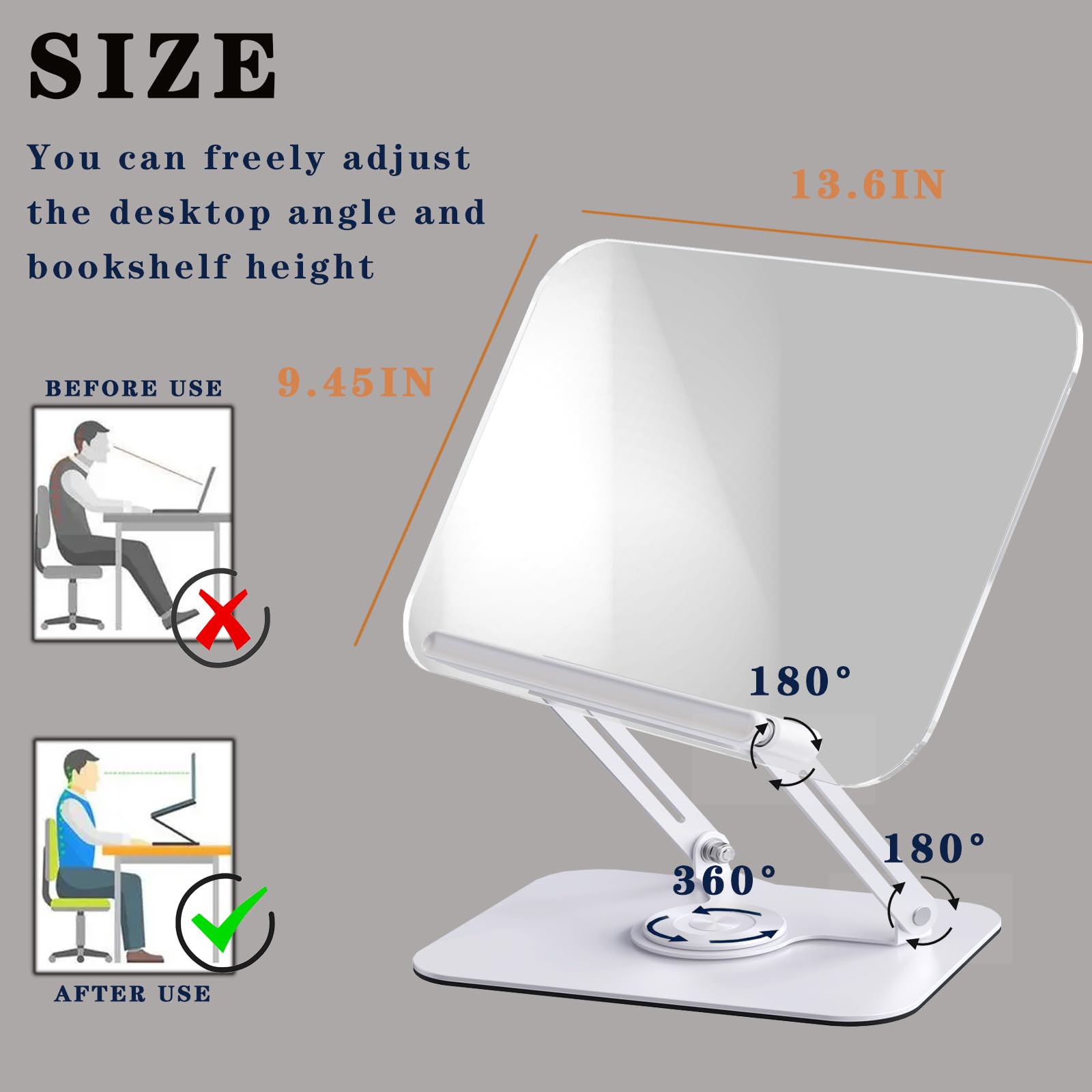 Adjustable Acrylic Book Stand Holder with 360° Rotating Base & Page Clip - Multi-Angle Reading Stand for Cookbooks, Bibles, Laptops & Tablets - Perfect for Hands-Free Reading, Studying & Cooking in Kitchen, Office or Bedroom