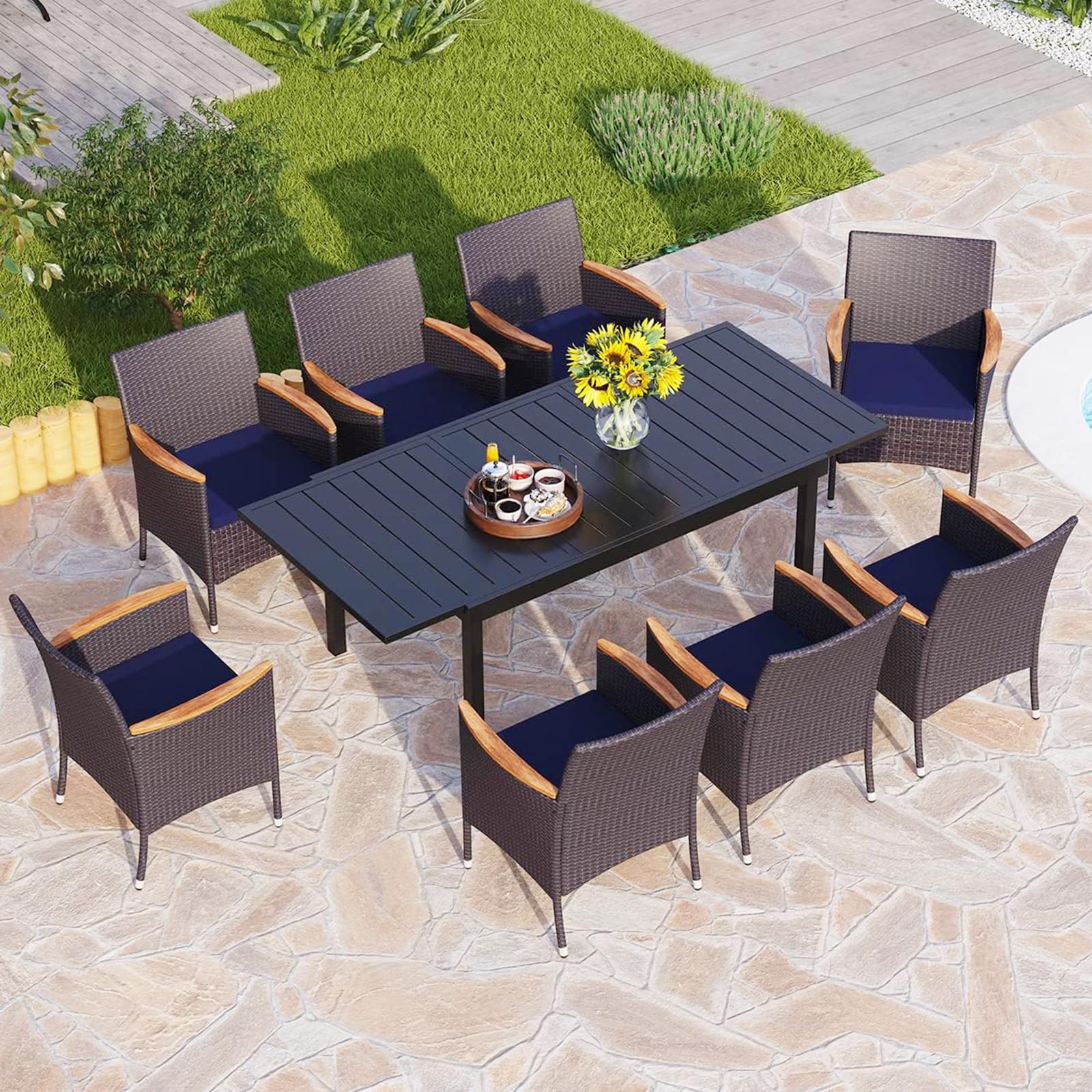 PHI VILLA 9-Piece Outdoor Patio Dining Set for 8 - Expandable Rectangular Metal Table with Rattan Cushioned Chairs - Weather-Resistant Garden Furniture for Backyard, Deck, Poolside & Outdoor Entertaining