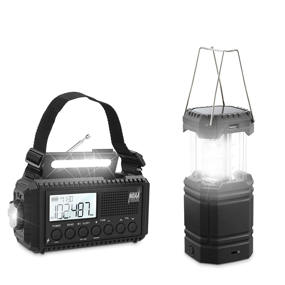 Emergency Solar Hand Crank NOAA Weather Radio - Portable Camping Lantern with Flashlight, USB Charging Port, Multi-Powered (Solar/Battery/Crank) for Outdoor Survival, Hiking, Home Emergency & Power Outages