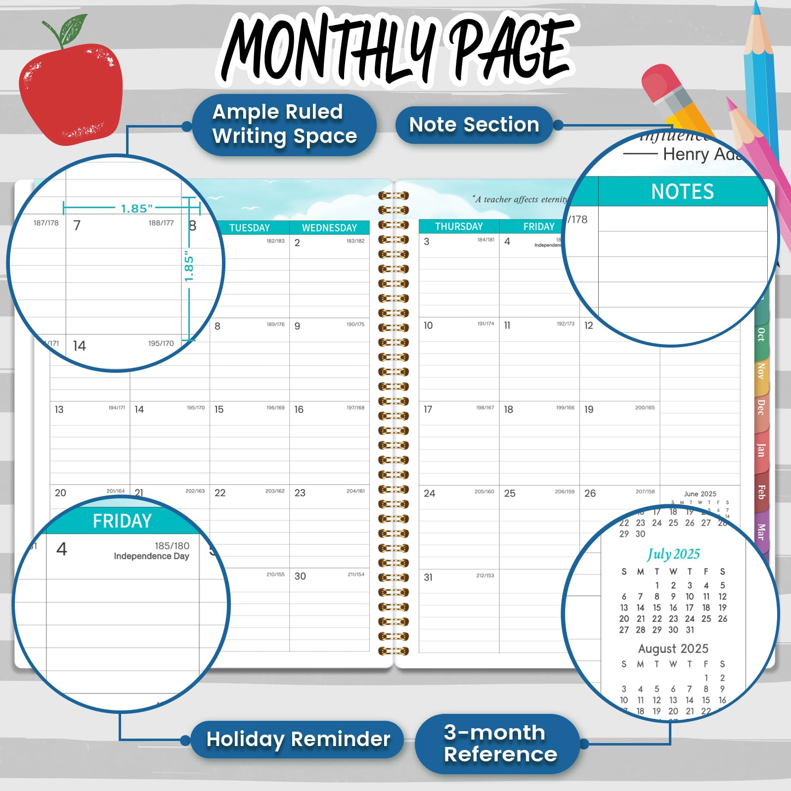 2025-2026 Teacher Planner - Academic Lesson Planner with Spiral Binding & Colorful Monthly Tabs (July 2025-June 2026, 8.5