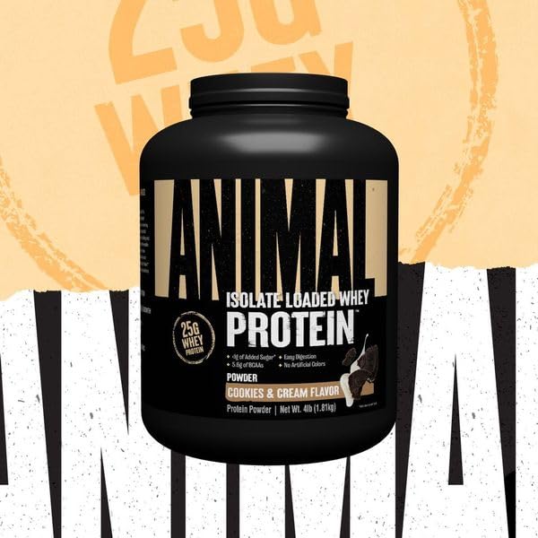 Animal Whey Isolate Protein Powder - 25g Protein for Muscle Building & Recovery, Low Sugar, Great Taste (Cookies & Cream, 4 lbs) - Pre & Post Workout Supplement with Digestive Enzymes for Men & Women - Ideal for Gym, Fitness & Active Lifestyle