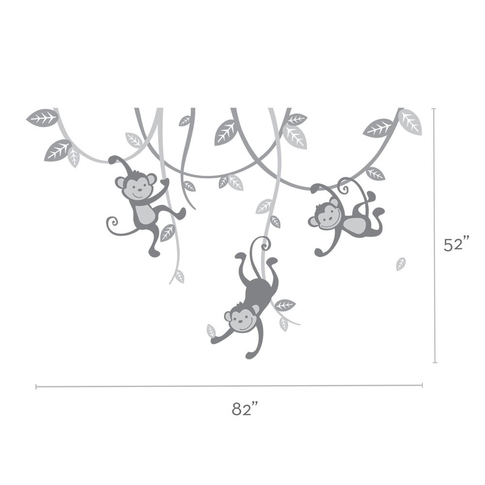 Simple Shapes 3 Monkeys Swinging from Vines Wall Decal - Scheme B | Jungle Themed Nursery Decor, Kids Room Stickers, Playroom Wall Art for Animal Lovers