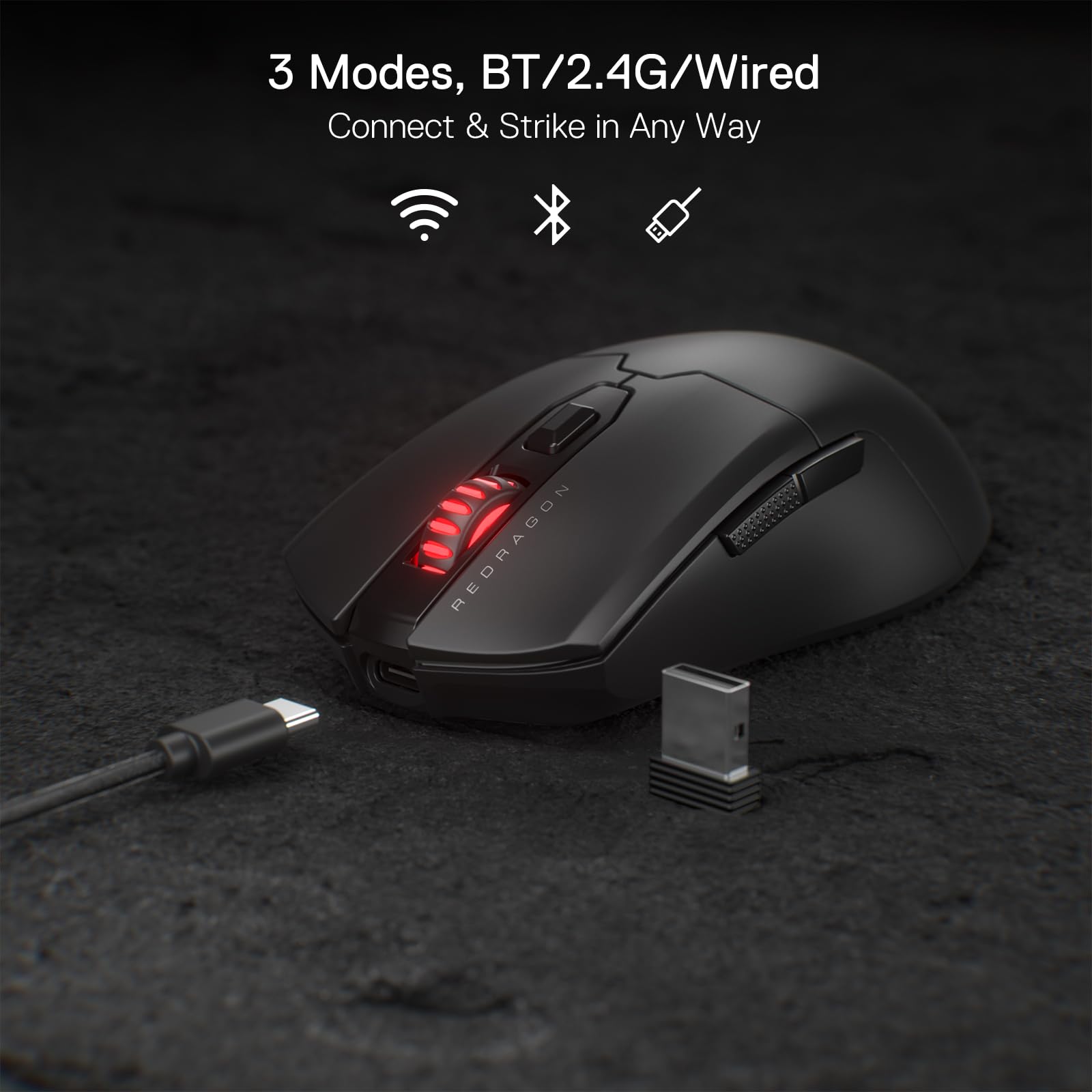 Redragon M995 Pro Wireless Gaming Mouse - 26000 DPI Wired/Wireless Mouse with Bluetooth & 2.4G Connectivity, 6 Programmable Buttons, 51g Ultra Lightweight Design for PC, Mac, Laptop - Perfect for FPS, MOBA, and Esports Gaming (Black)