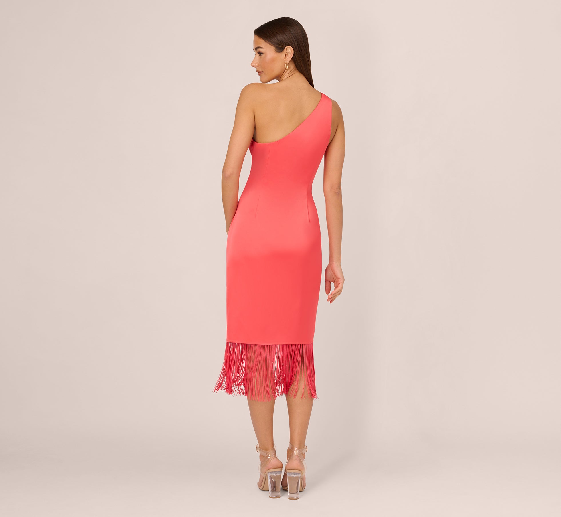 Elegant Stretch Satin One Shoulder Midi Dress with Fringe Skirt in Spicy Coral - Perfect for Cocktail Parties, Date Nights & Summer Weddings