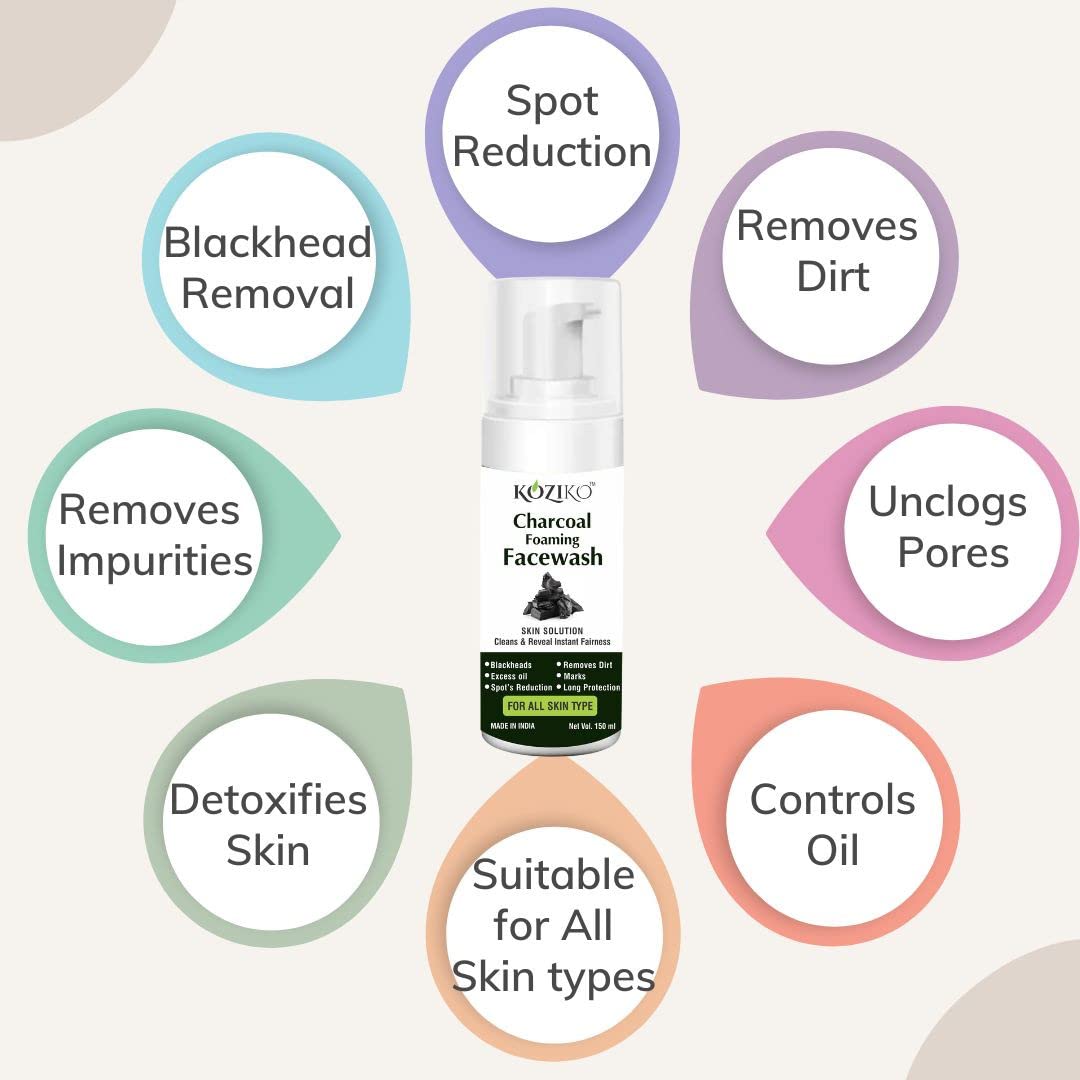 KOZIKO Charcoal Foaming Face Wash 150ml - Deep Cleansing, Oil Control & Acne Treatment for Men & Women | Removes Dirt, Blackheads & Excess Oil | Reduces Spots & Marks | Long Lasting Protection | Perfect for Daily Skincare Routine & Travel