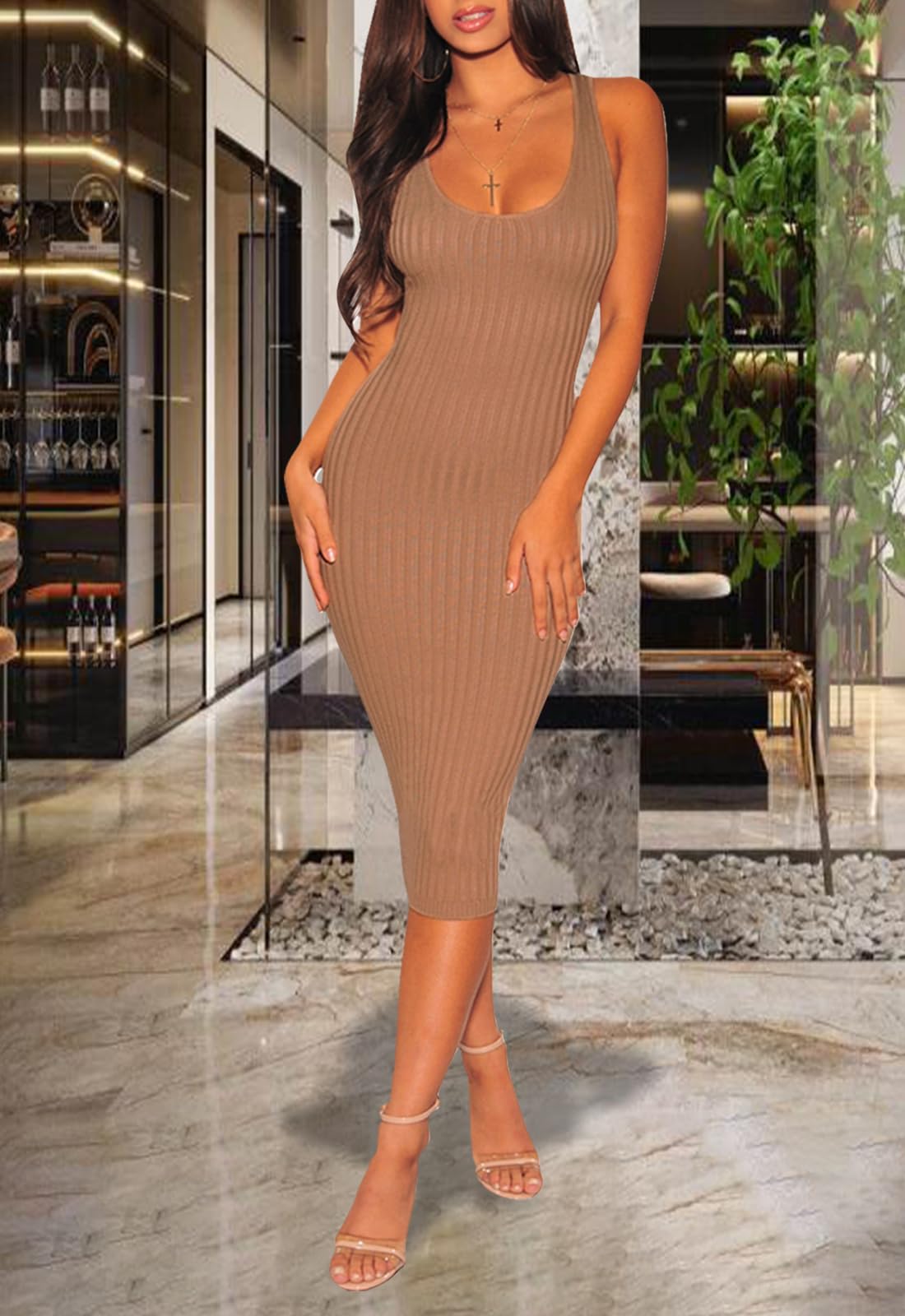 Sexy Women's Bodycon Tank Dress - Sleeveless Ribbed Knit Midi Dress for Nightclub, Party & Date Night | Slim Fit Stretchy Clubwear