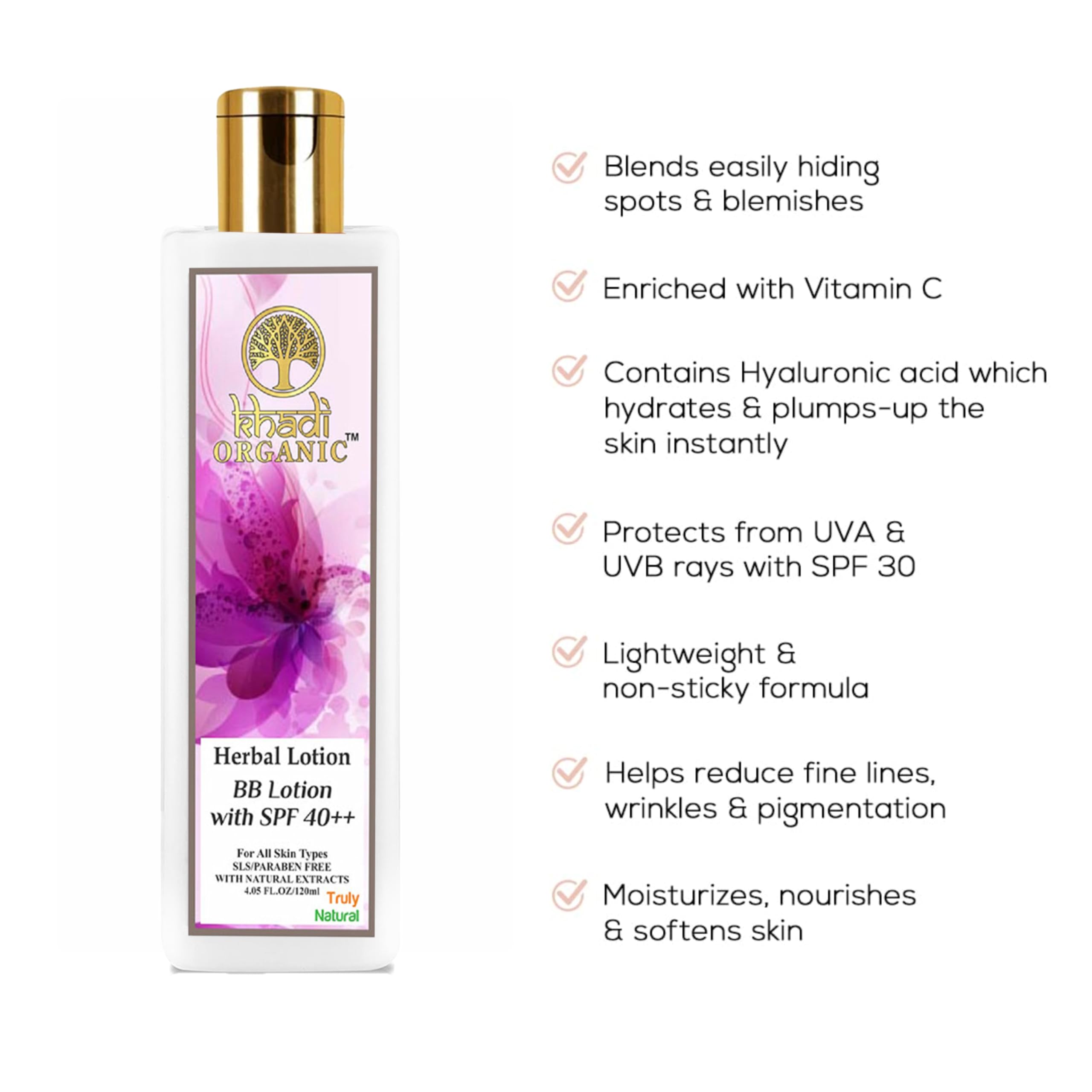 **KHADI Organic Herbal BB Lotion with SPF 40++ for All Skin Types (120ml) – Natural Sun Protection & Even Skin Tone for Daily Use**