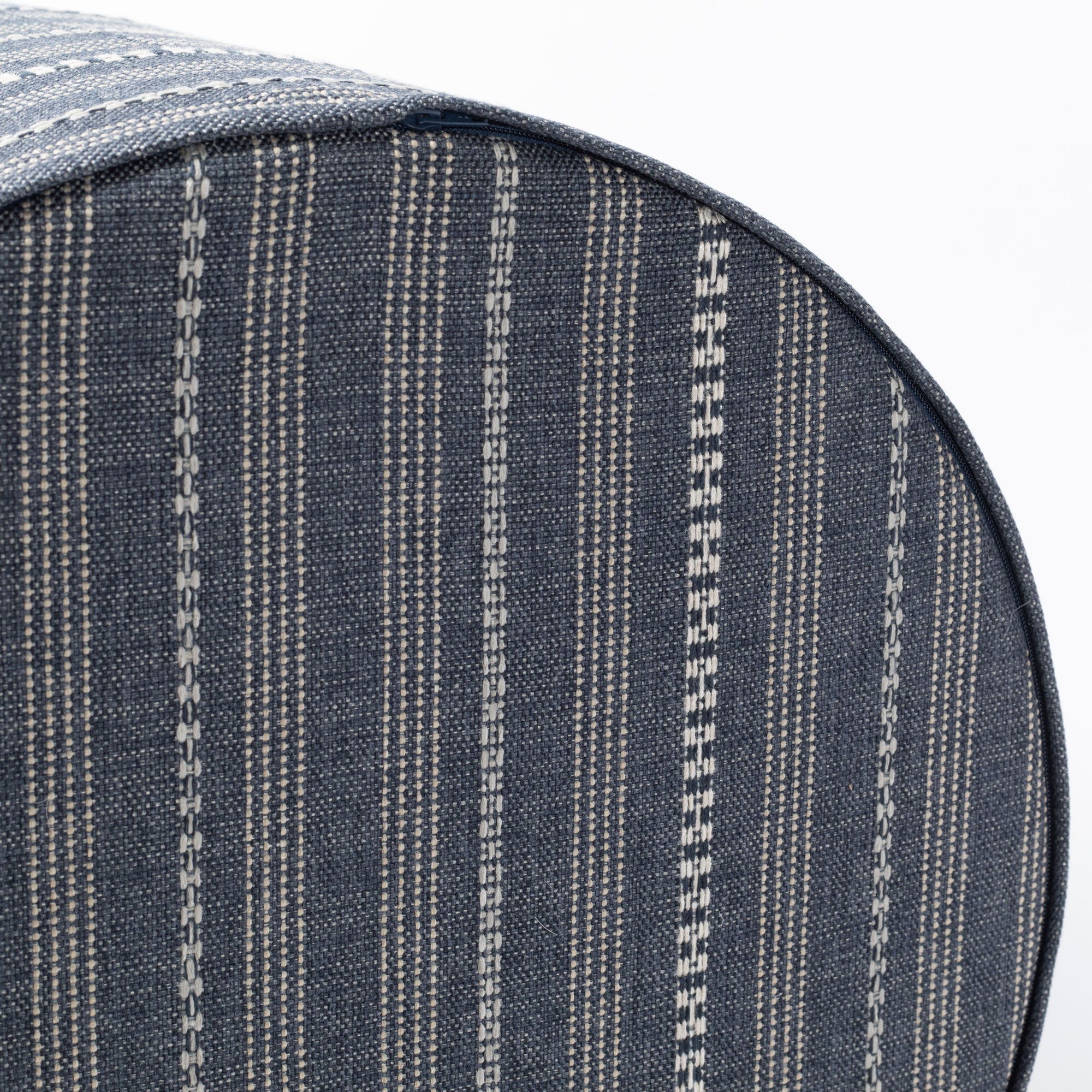 Anya Stripe 18x16 Round Ottoman Pouf in Denim Blue - Perfect for Living Room, Bedroom or Nursery Seating and Storage