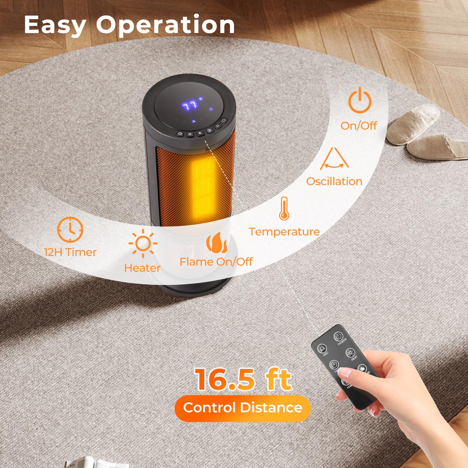 Tangkula 850W/1500W PTC Ceramic Space Heater with Thermostat - 17 Inch Portable Electric Heater with 135° Oscillation, 12 Hour Timer, Realistic 3D Flame Effect, Remote Control & Safety Features (Overheat & Tip-Over Protection) - Perfect for Bedroom, Office, Living Room & Indoor Use