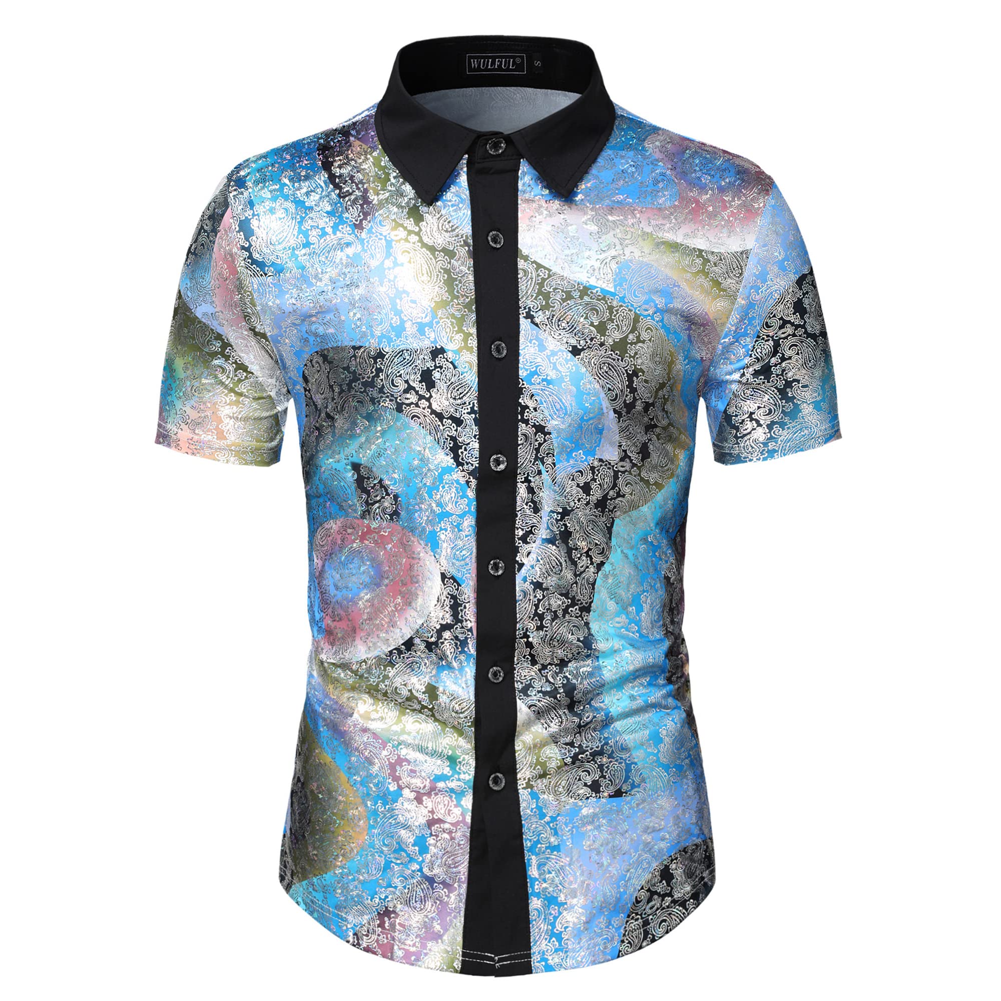 WULFUL Men's Disco Shirt with Sequins - 70s Retro Short Sleeve Button Down Shirt for Party, Costume & Nightclub Outfits | Perfect for Halloween, Themed Parties & Dance Events